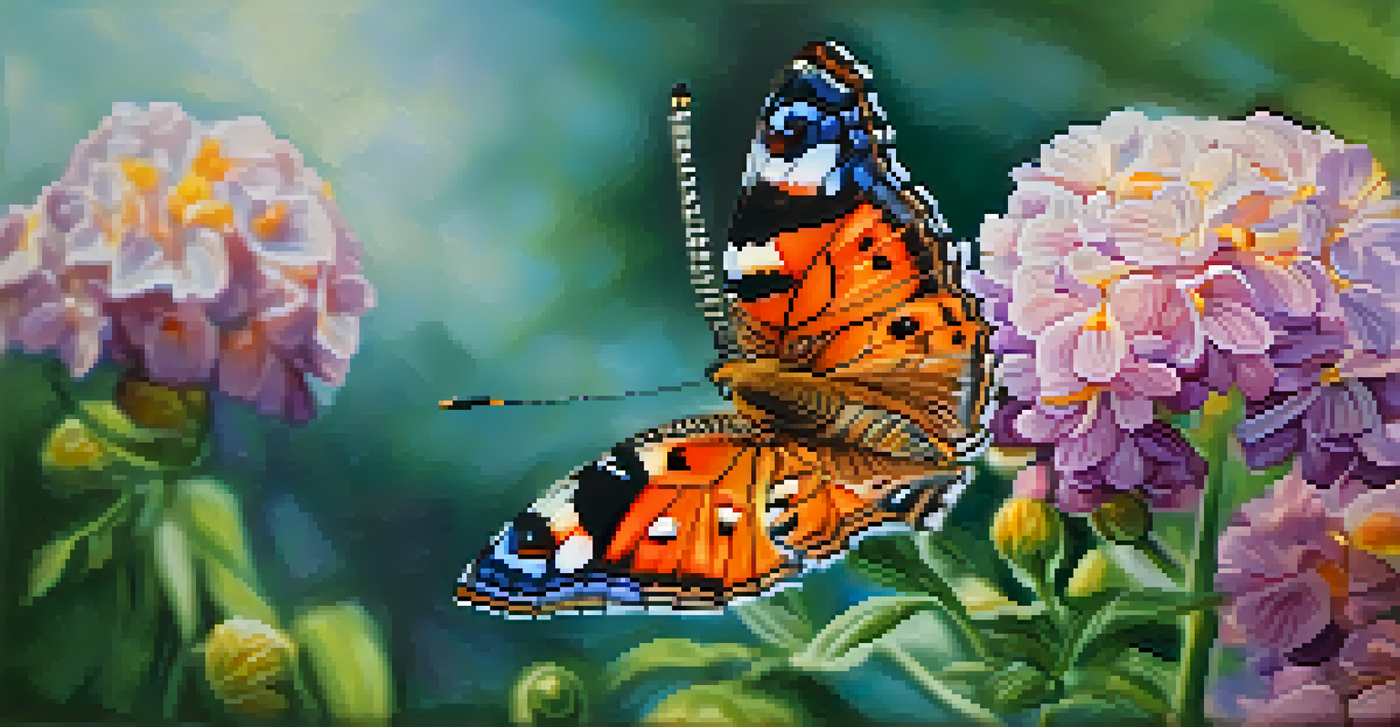 A close-up of a colorful butterfly on a flower, highlighting the textures of its wings and the petals.