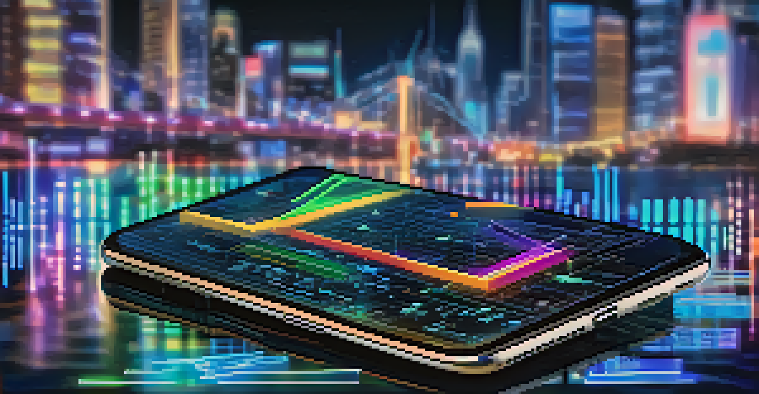 A close-up of a smartphone showing cryptocurrency charts, with a blurred cityscape in the background at night.