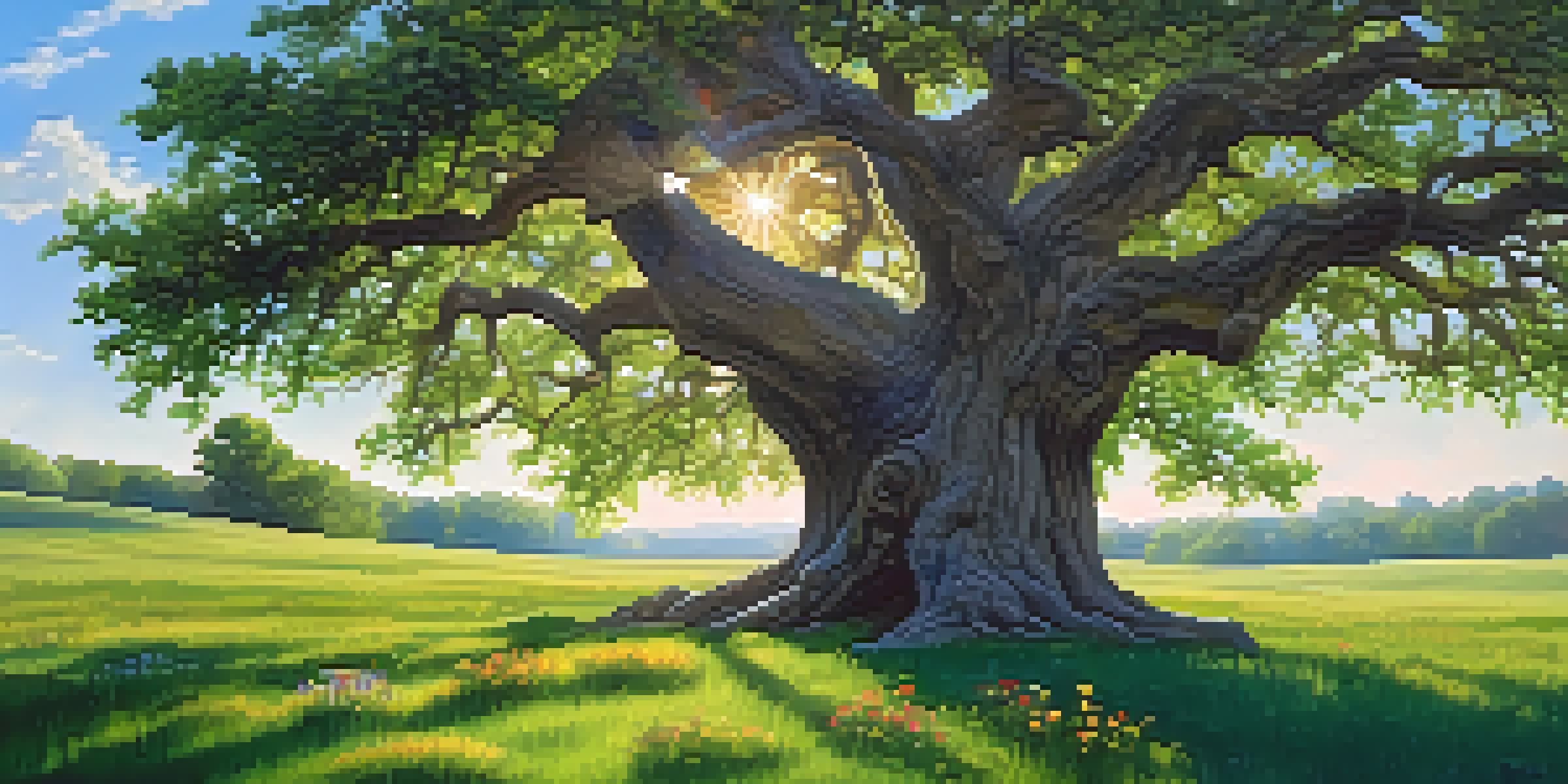 A large oak tree surrounded by green grass and colorful wildflowers under a blue sky with fluffy clouds, symbolizing growth and patience.