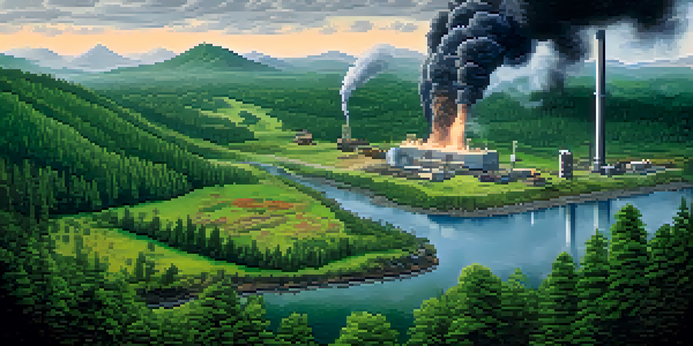 A landscape showing a mining facility in a remote area, with green forests and wildlife observing the scene, highlighting the environmental impact of mining.