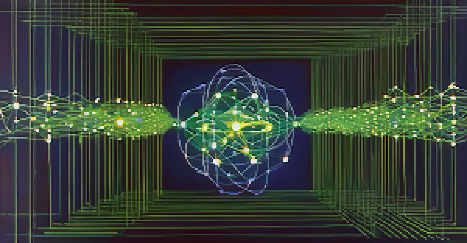 An abstract image showing interconnected nodes and locks representing decentralized security protocols, with dynamic light beams in dark blue and green.