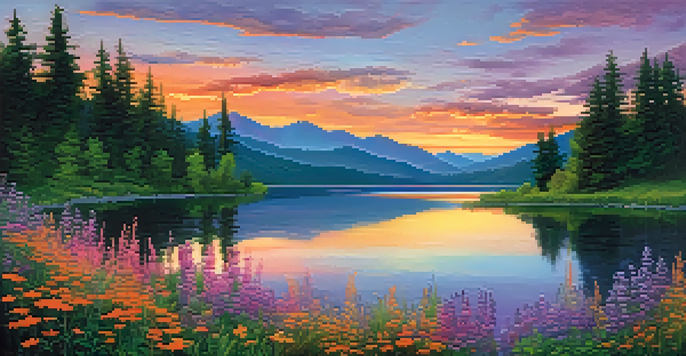 A tranquil lake surrounded by mountains at sunset, with colorful flowers in the foreground.