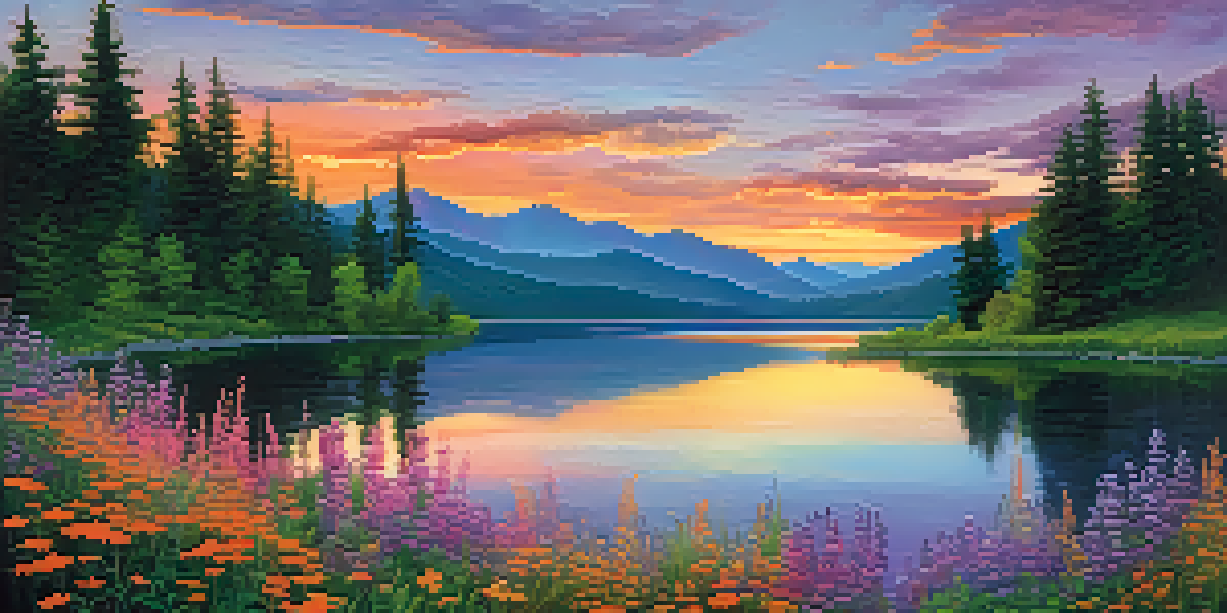 A tranquil lake surrounded by mountains at sunset, with colorful flowers in the foreground.