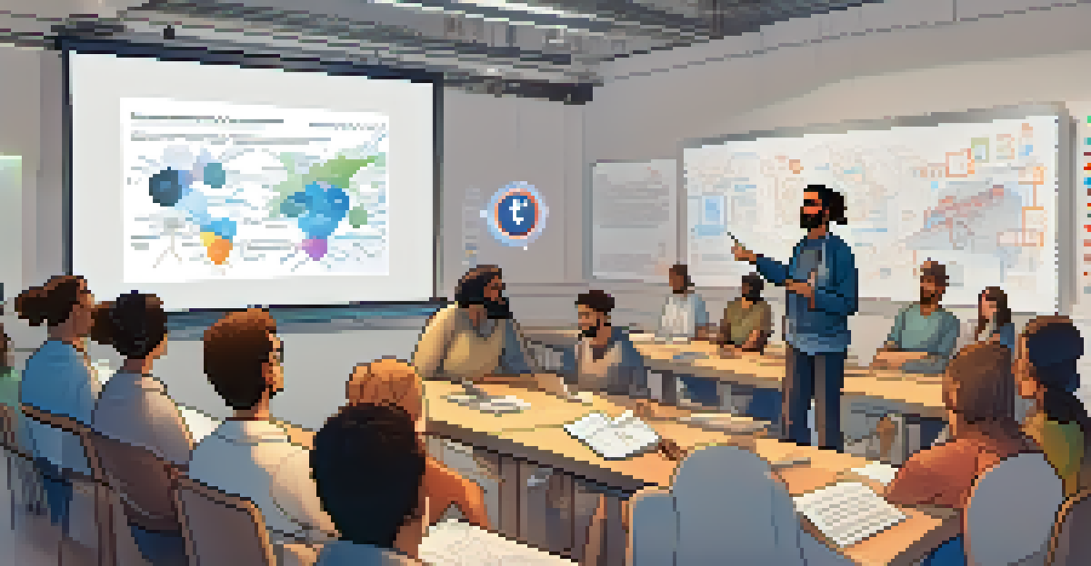 A diverse group of people attending a workshop on cryptocurrency education, with a teacher explaining concepts on a whiteboard.