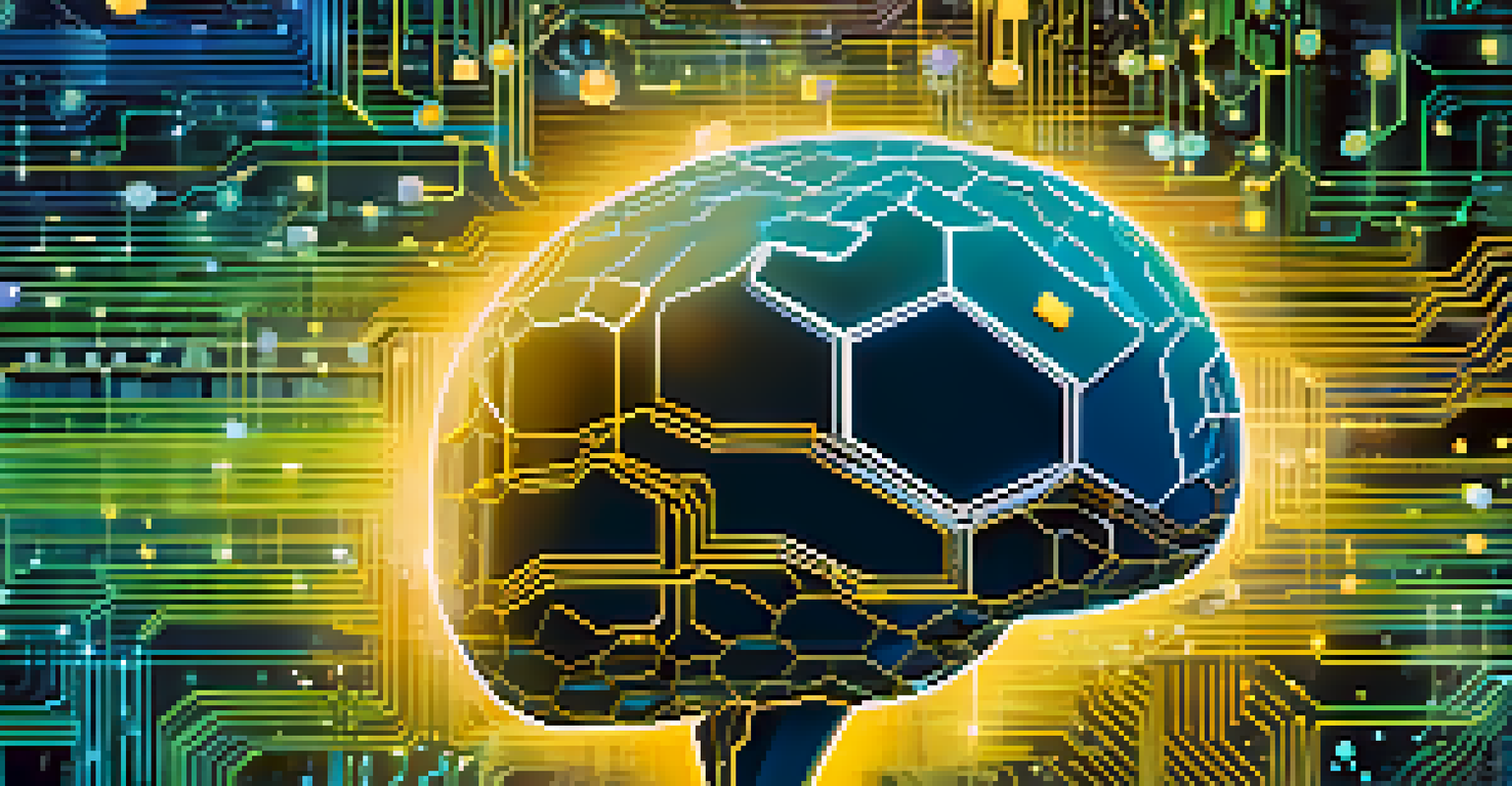 An abstract image of a circuit-patterned brain surrounded by digital coins and graphs representing AI and cryptocurrency.