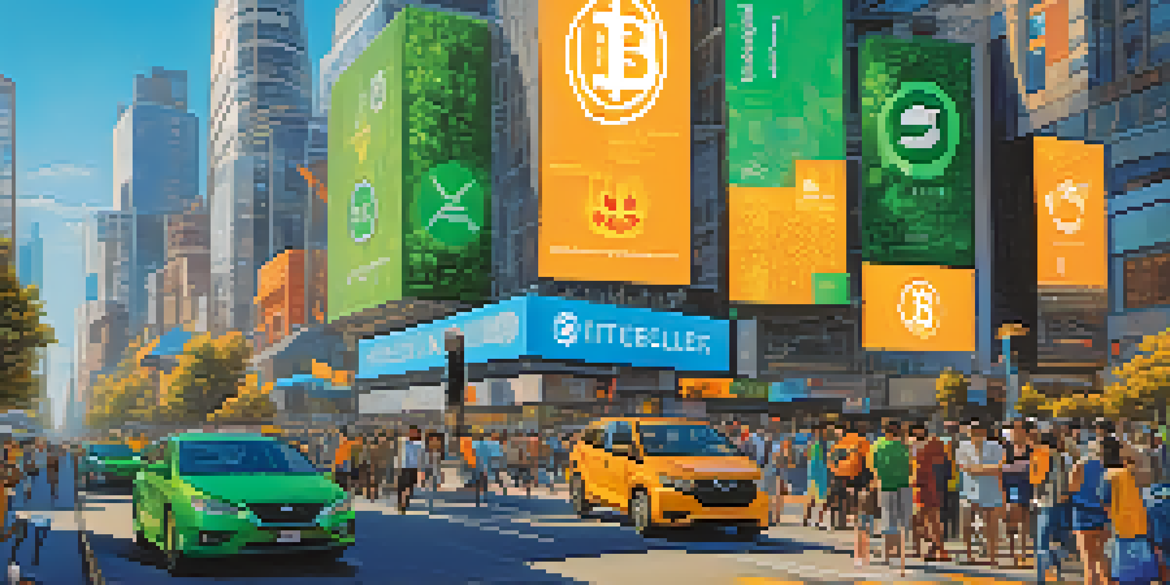 A busy city street with people using smartphones to send money through apps, surrounded by modern architecture and digital ads for cryptocurrencies.