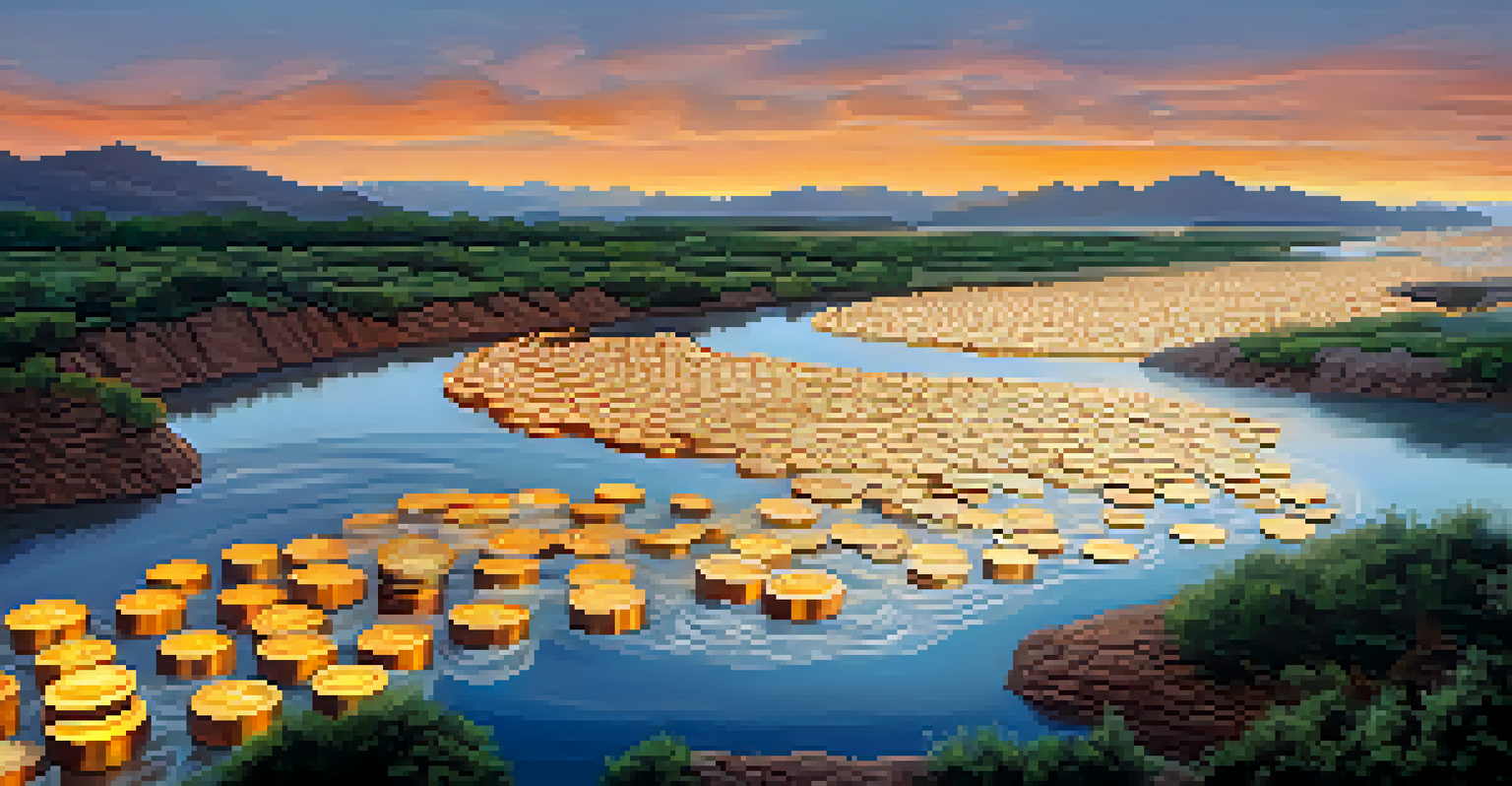 An abstract river made of cryptocurrency symbols, depicting liquidity with rocky banks labeled high and low liquidity.