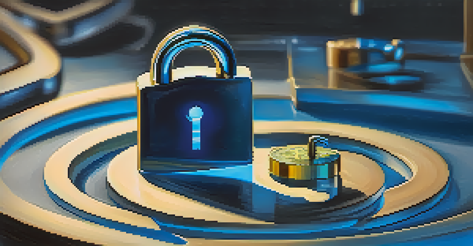 An abstract image showing a padlock and a magnifying glass over digital currency symbols, representing privacy and compliance.
