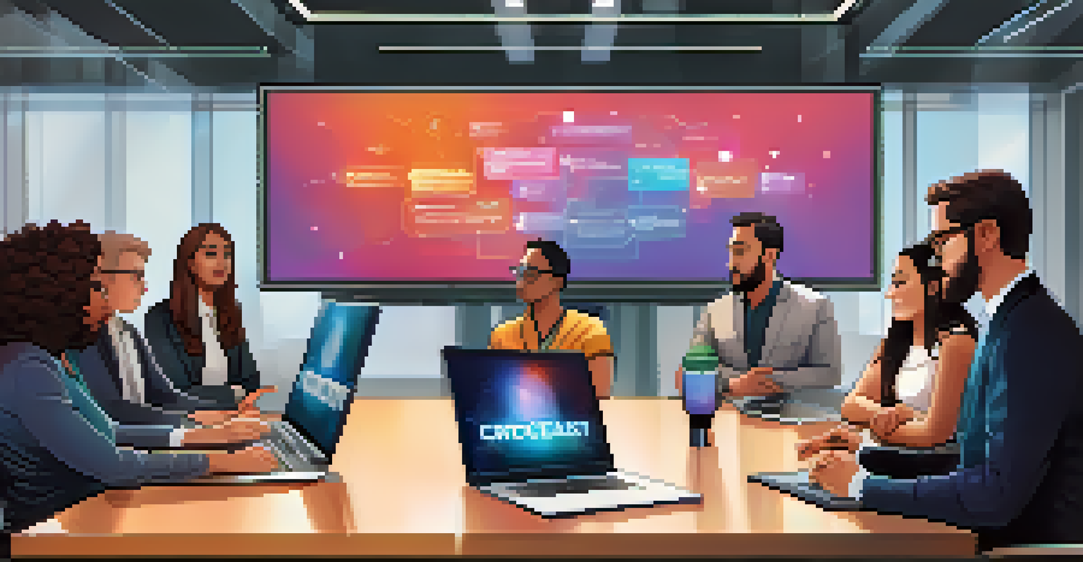 A diverse group of creators discussing smart contracts in a modern conference room with a digital screen.