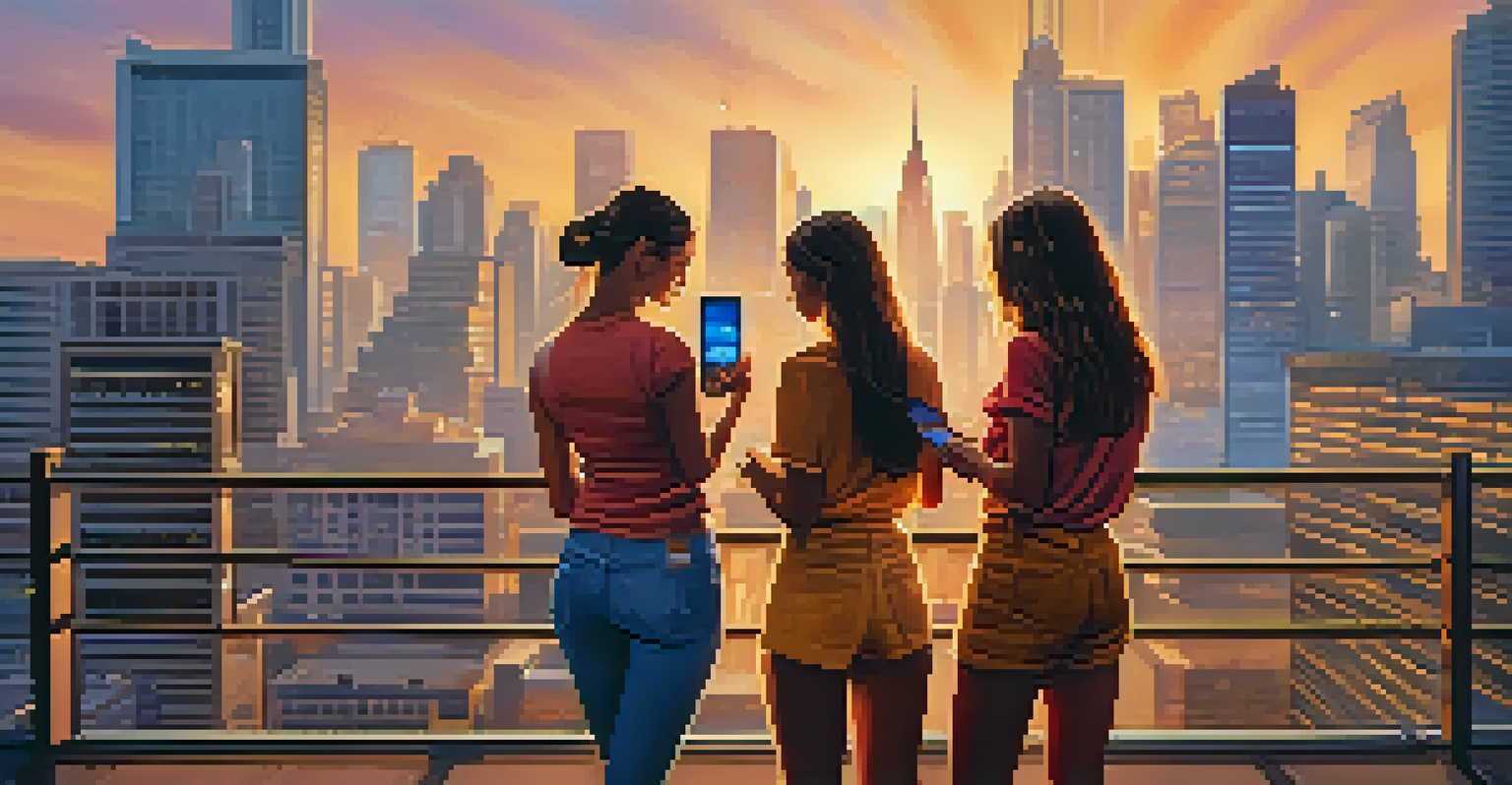 Women standing on a rooftop with smartphones, overlooking a city skyline during sunset.