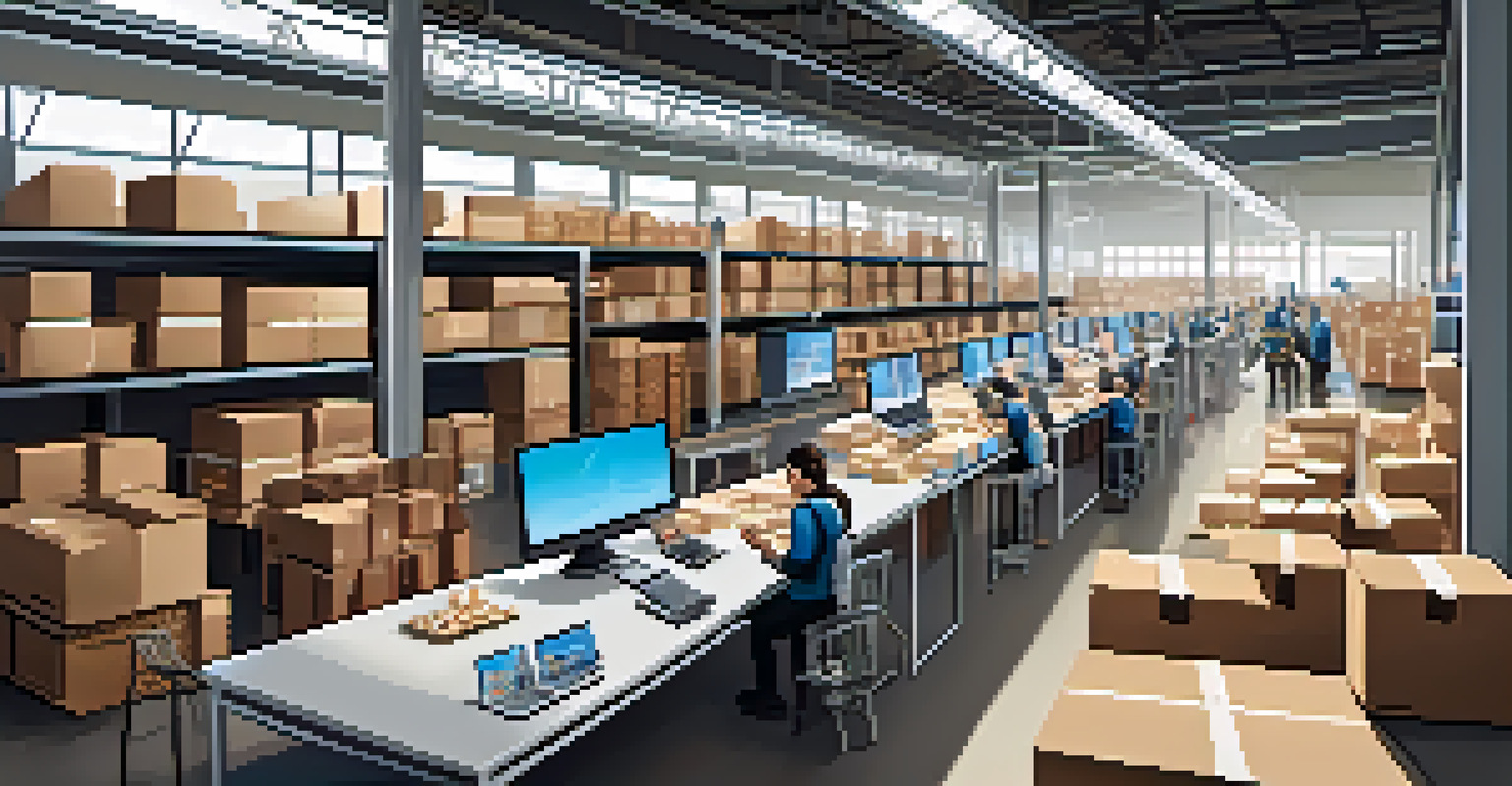 A busy warehouse scene with workers using digital devices and crates labeled with digital tokens, illuminated by natural light.
