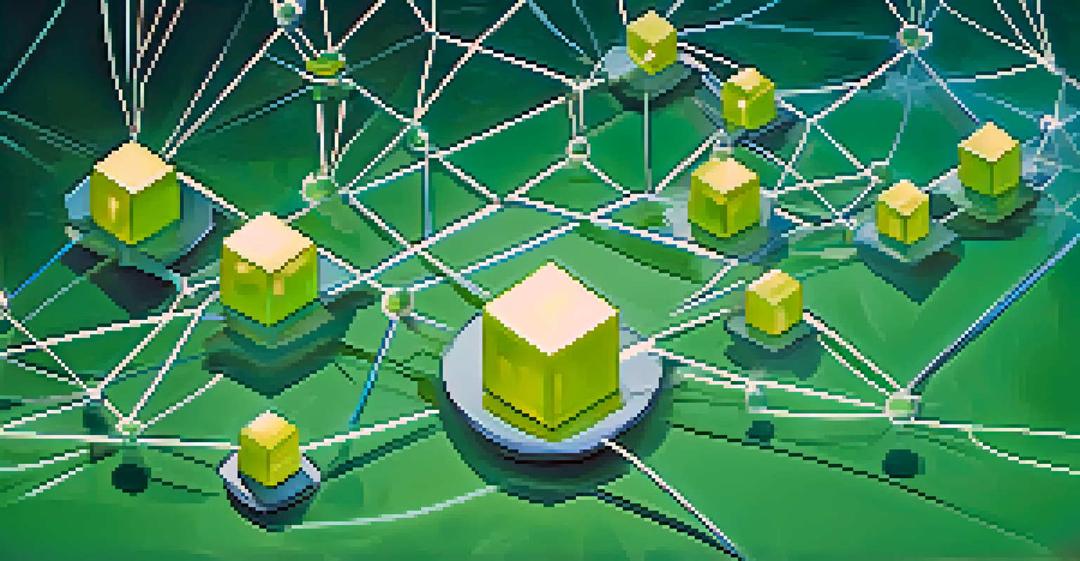 An artistic depiction of a blockchain network with hearts and coins, symbolizing transparency in charitable donations.