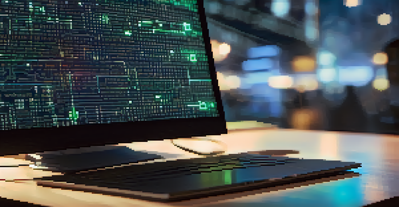 A close-up view of a blockchain ledger on a computer screen, featuring glowing code and locks, with blurred images of various artworks in the background.