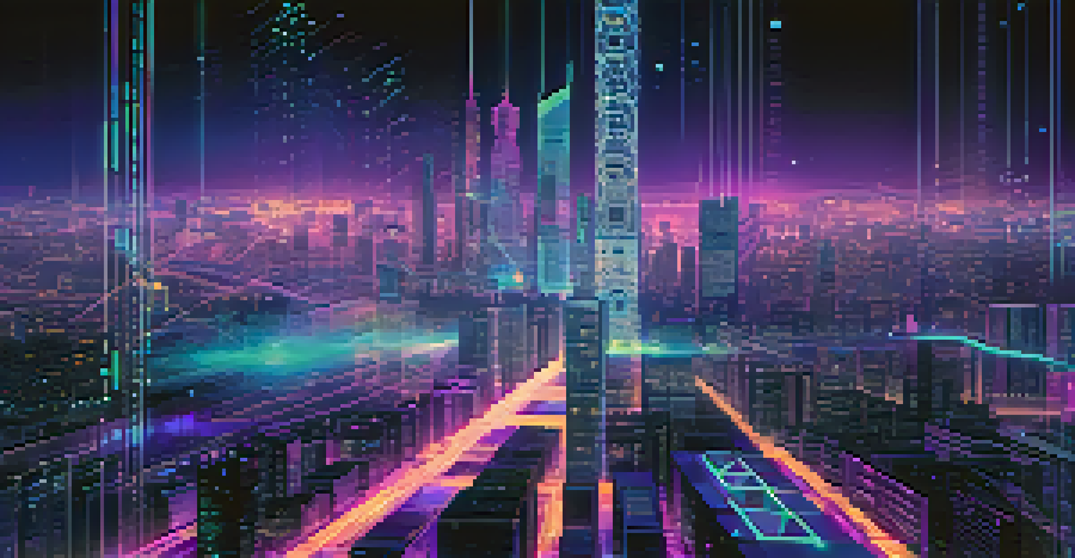 A close-up of a digital smart contract on a screen, with blockchain code, set against a vibrant futuristic cityscape at night.