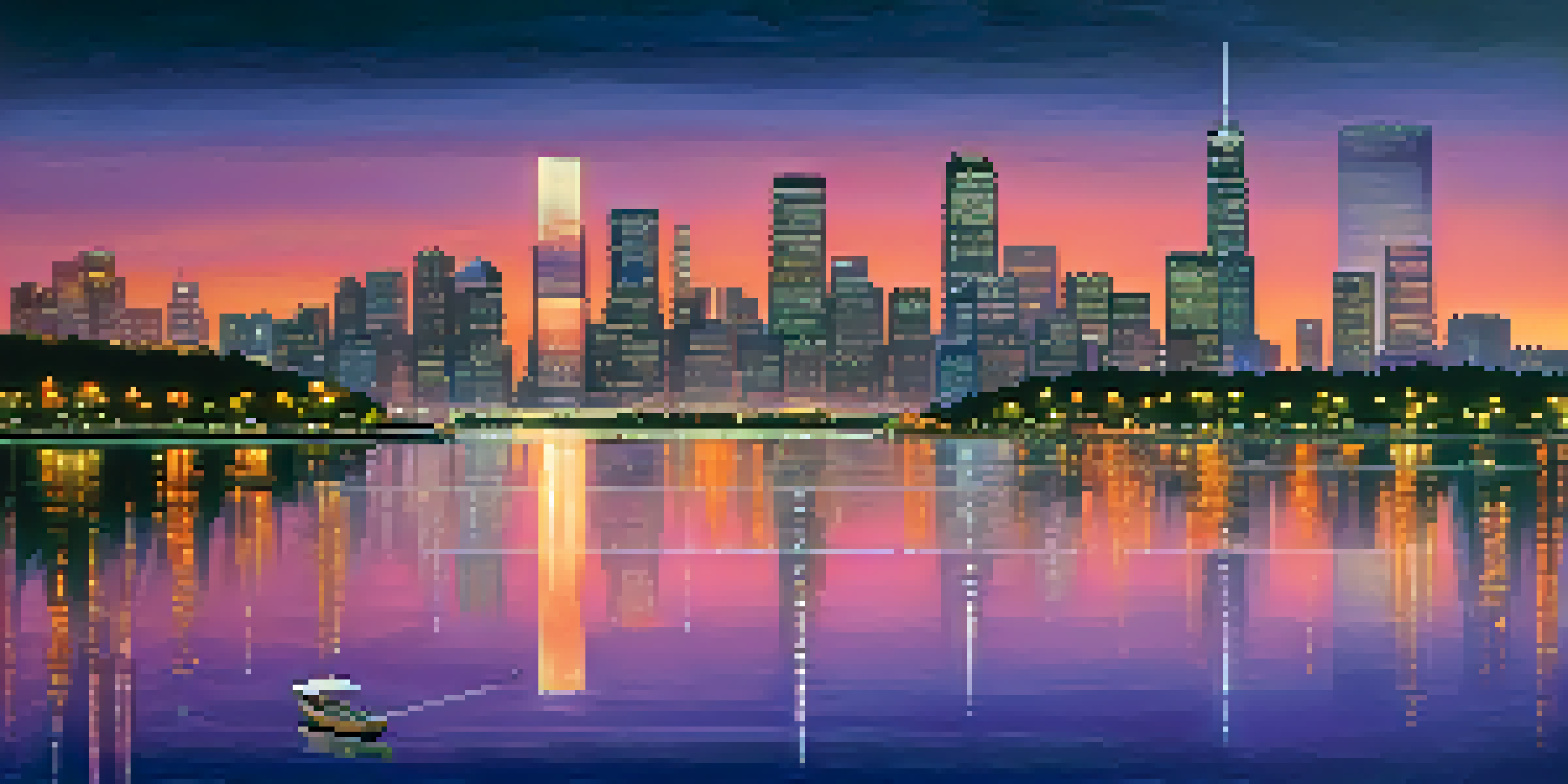 A modern city skyline at dusk with glowing skyscrapers reflecting on a calm river, surrounded by lush greenery.
