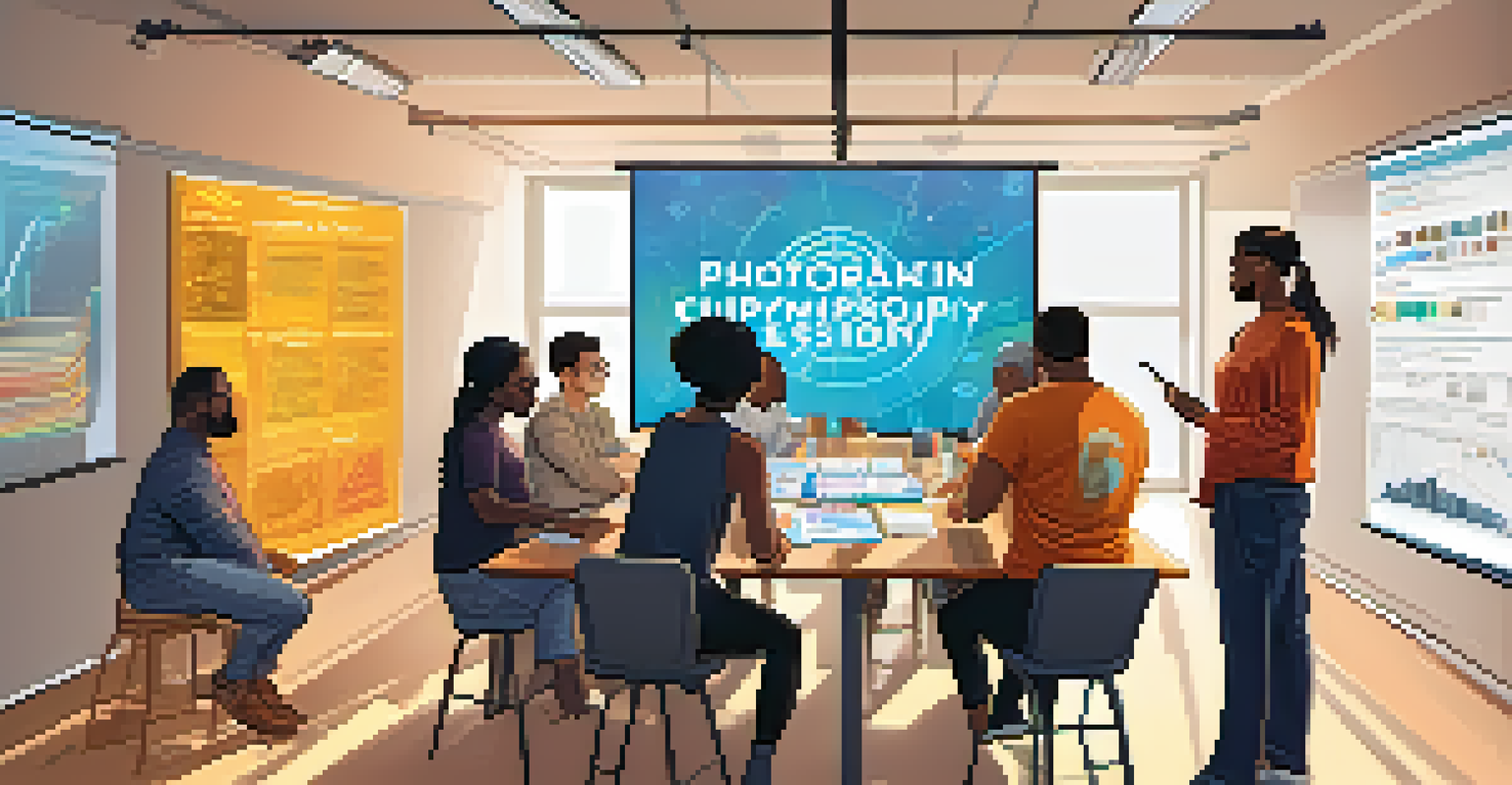 A diverse group of people learning about cryptocurrency in a workshop, with a projector displaying blockchain information and colorful educational posters.