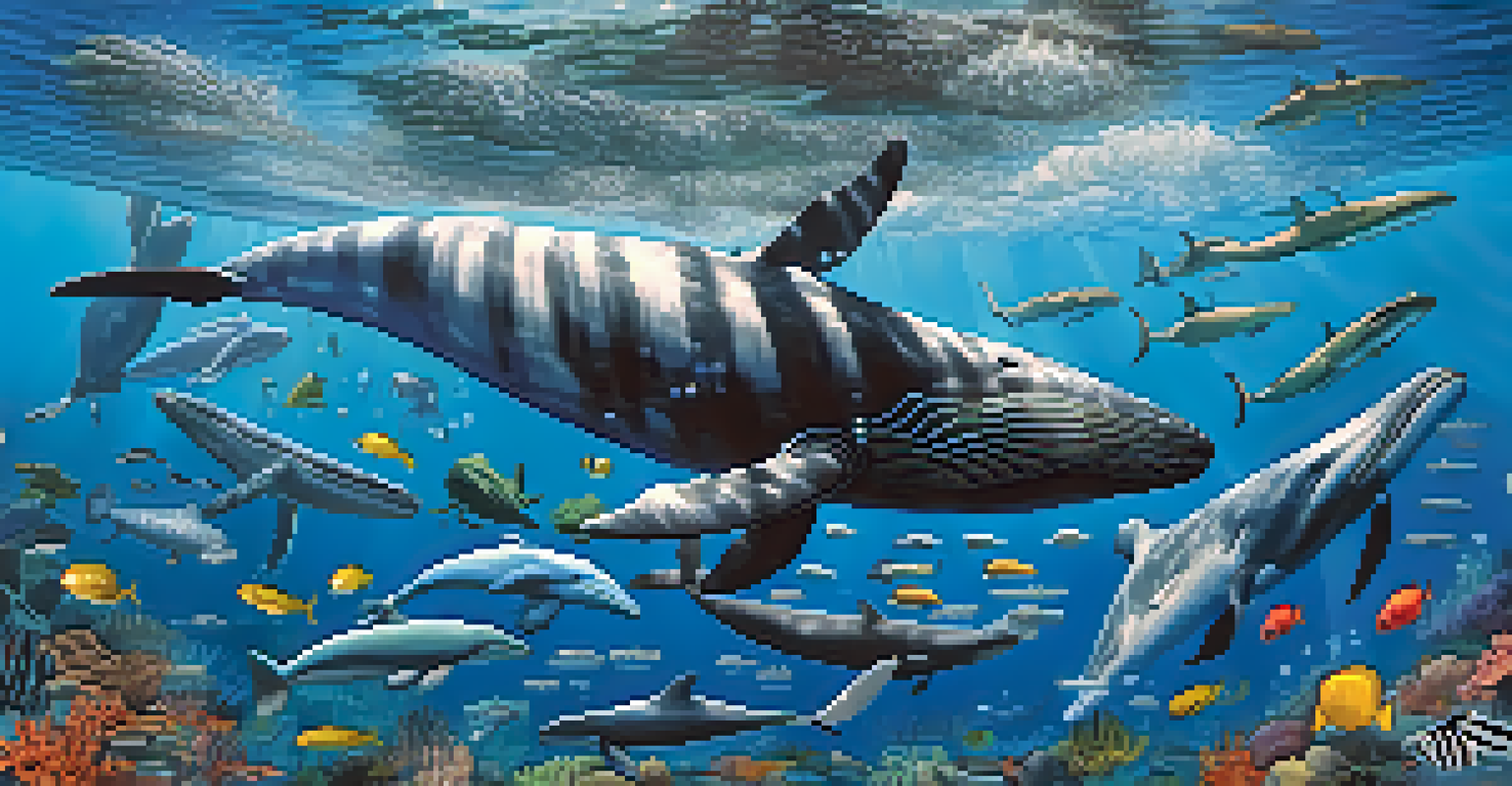 An infographic showing different whale species in the ocean, with labels and facts about each whale.