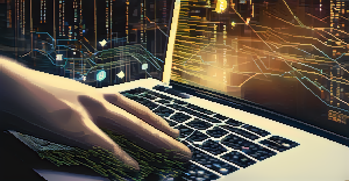 A close-up of a developer's hands typing on a laptop with cryptocurrency symbols and code on the screen.