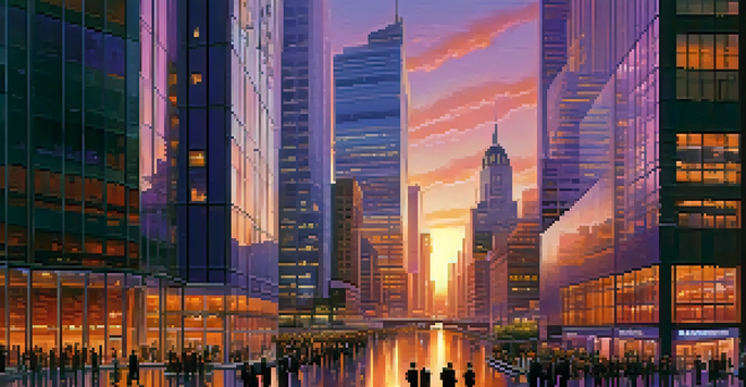 A busy financial district during sunset with skyscrapers and people in business attire.