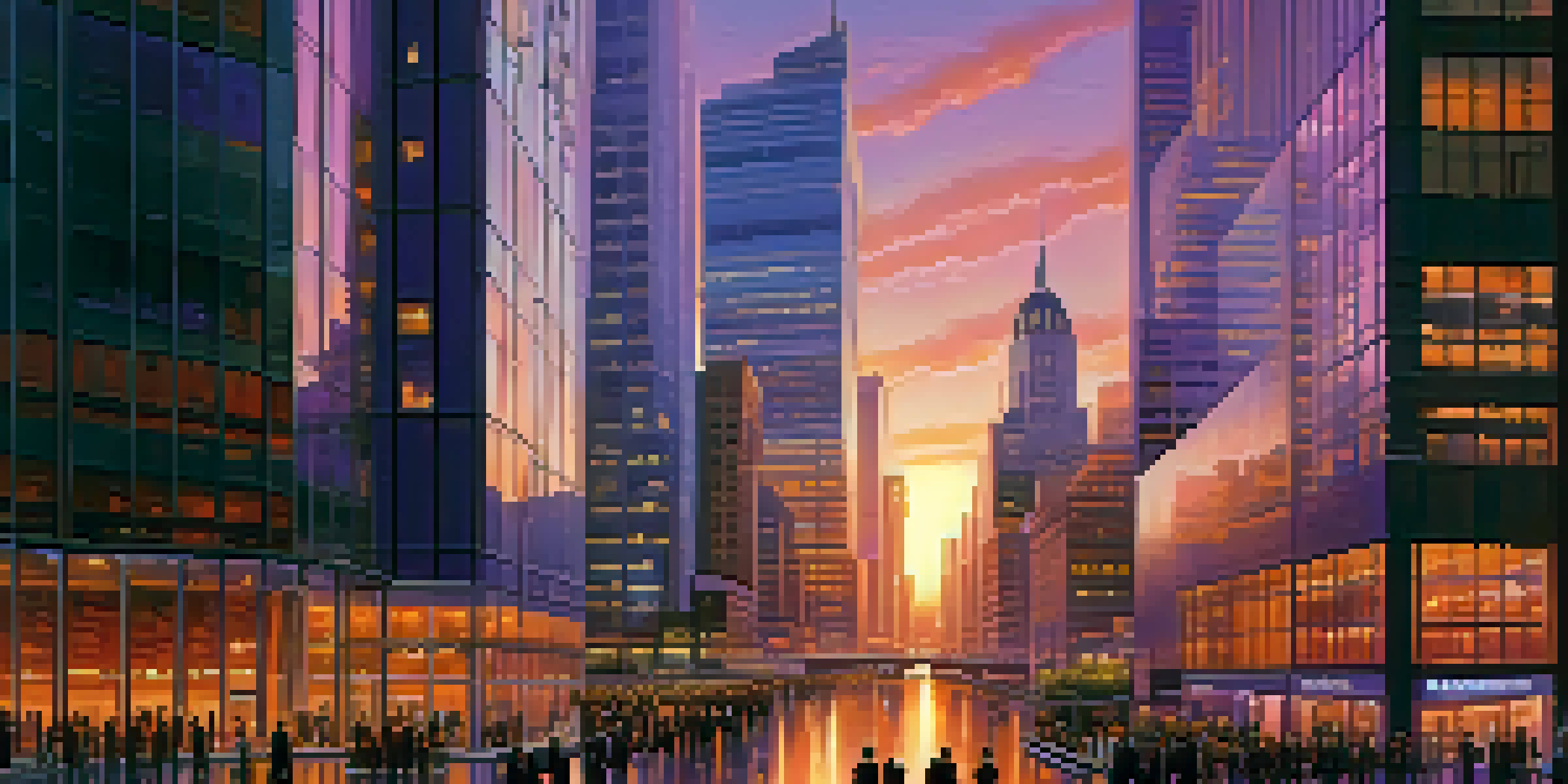 A busy financial district during sunset with skyscrapers and people in business attire.