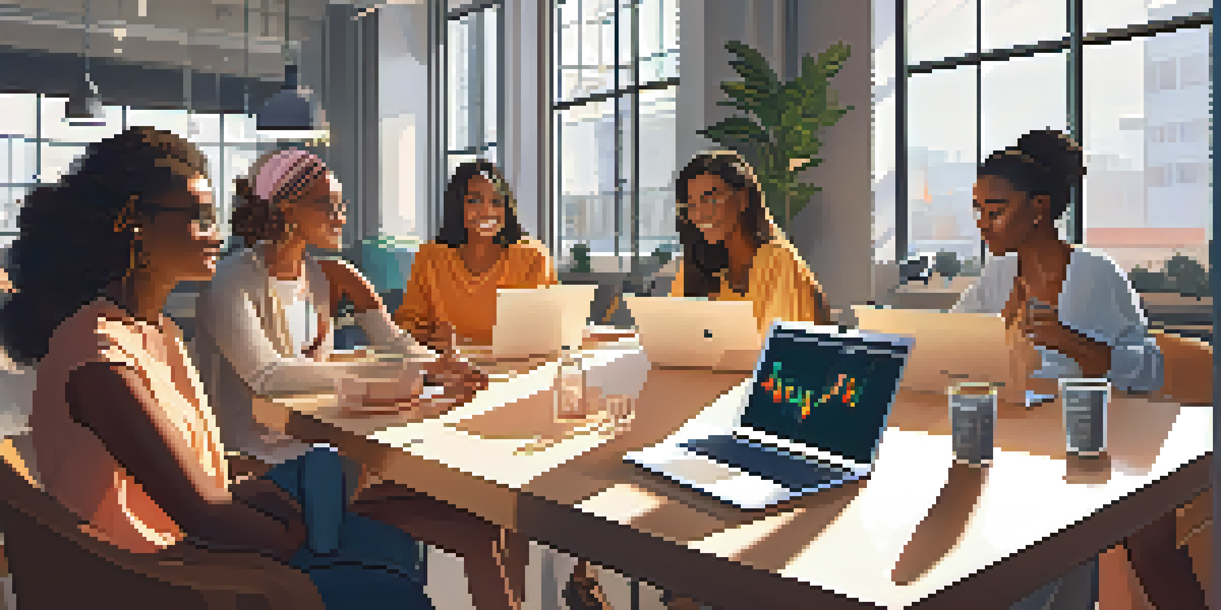 A diverse group of women discussing cryptocurrency in a bright co-working space with laptops and notes.