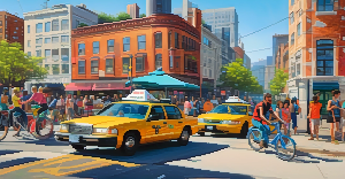 A busy city street with people using ride-sharing and home-sharing services, bright colors and a sunny day.
