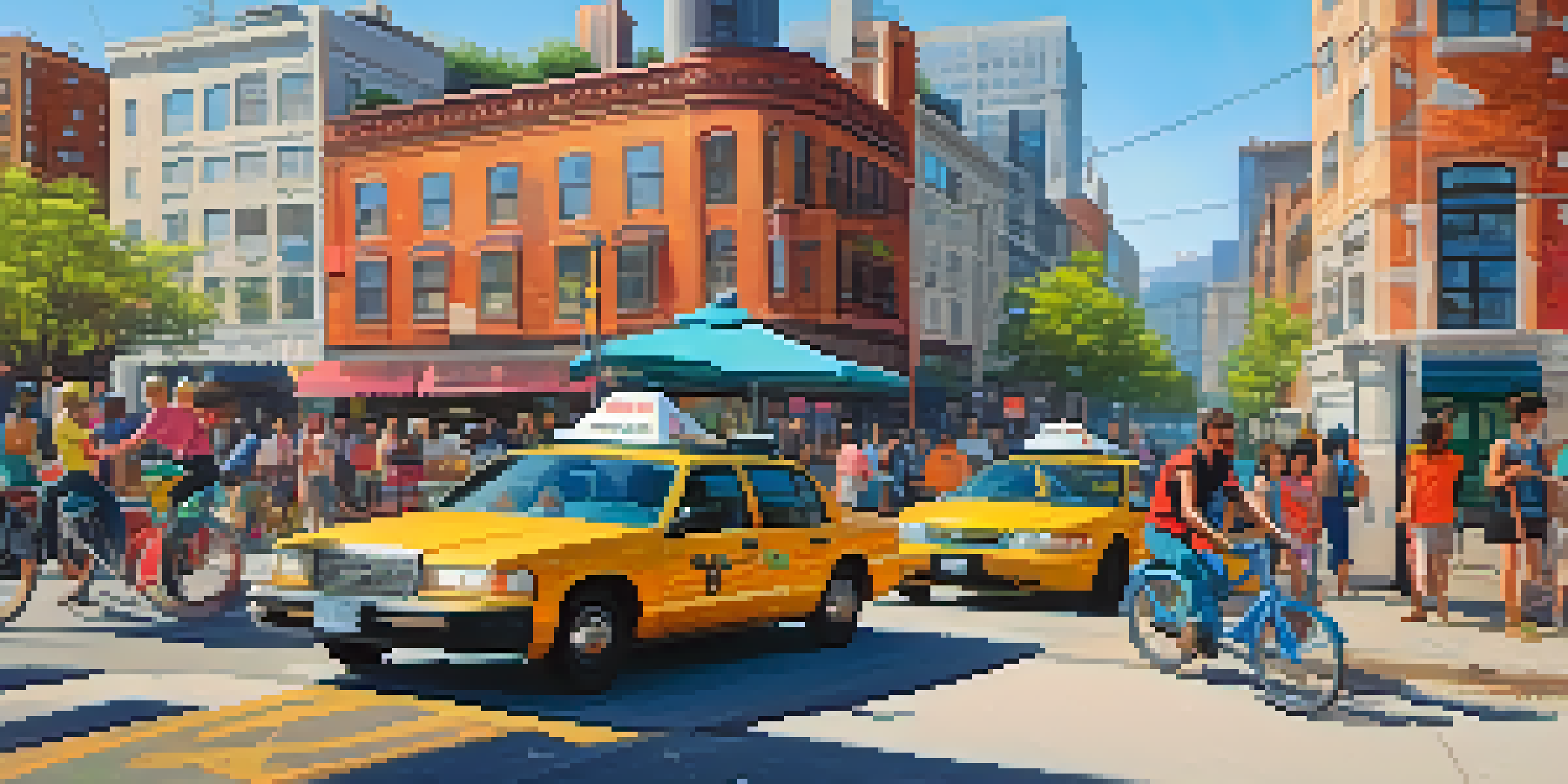 A busy city street with people using ride-sharing and home-sharing services, bright colors and a sunny day.