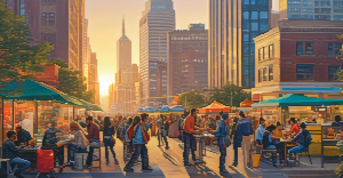 A lively city scene showing diverse gig workers using technology for their jobs, with a sunset backdrop.