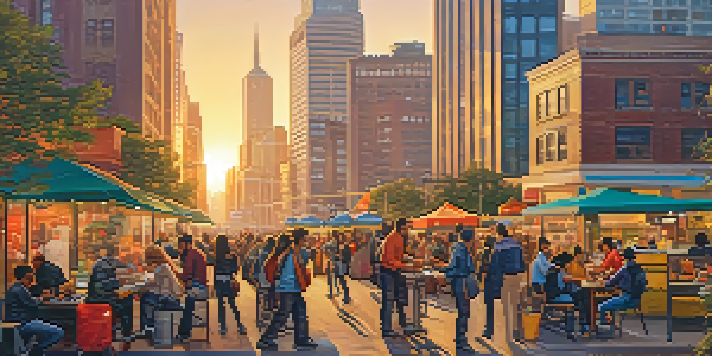 A lively city scene showing diverse gig workers using technology for their jobs, with a sunset backdrop.