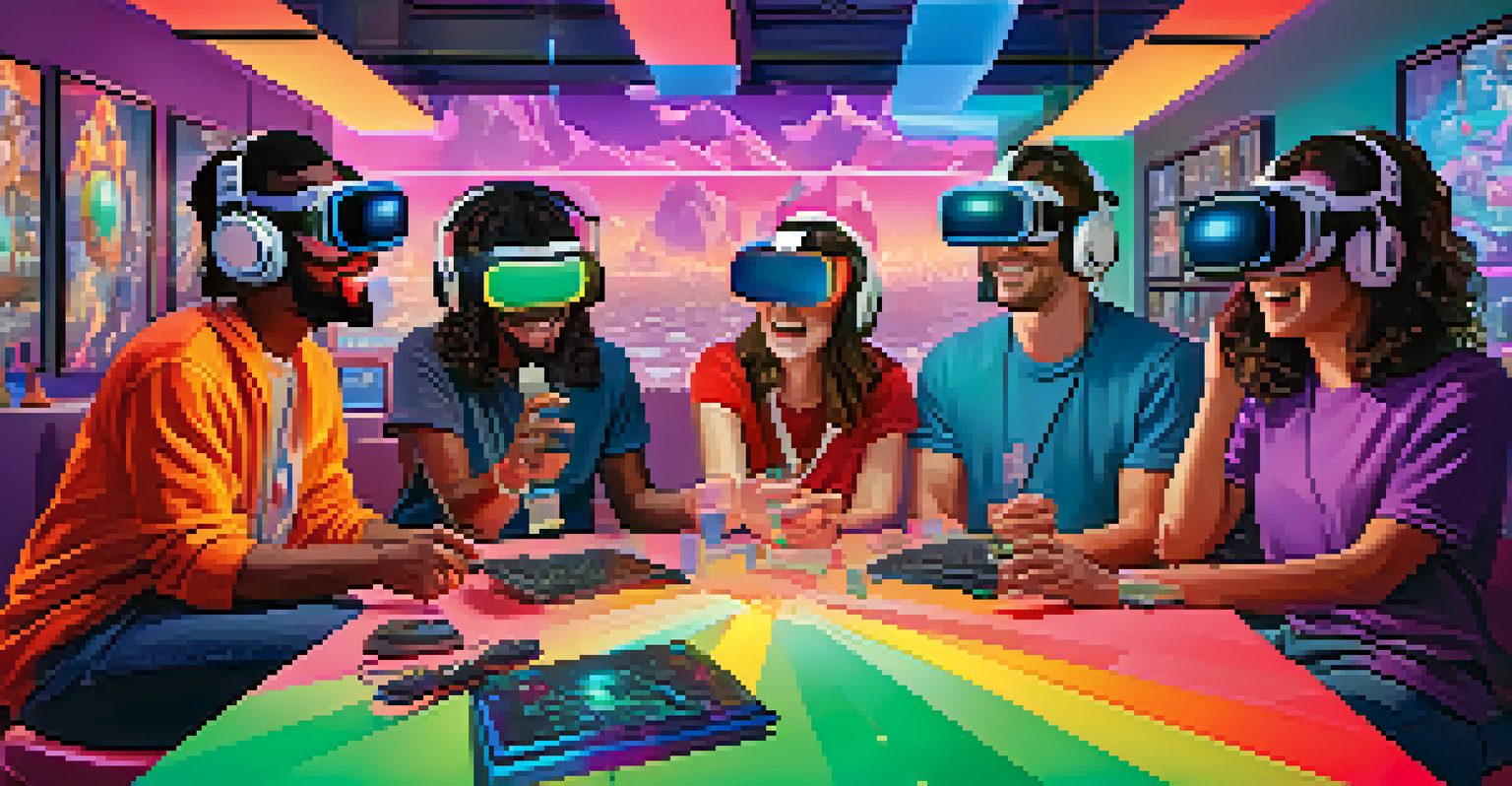 Diverse gamers using virtual reality headsets in a collaborative gaming session, discussing strategies in an immersive digital landscape.