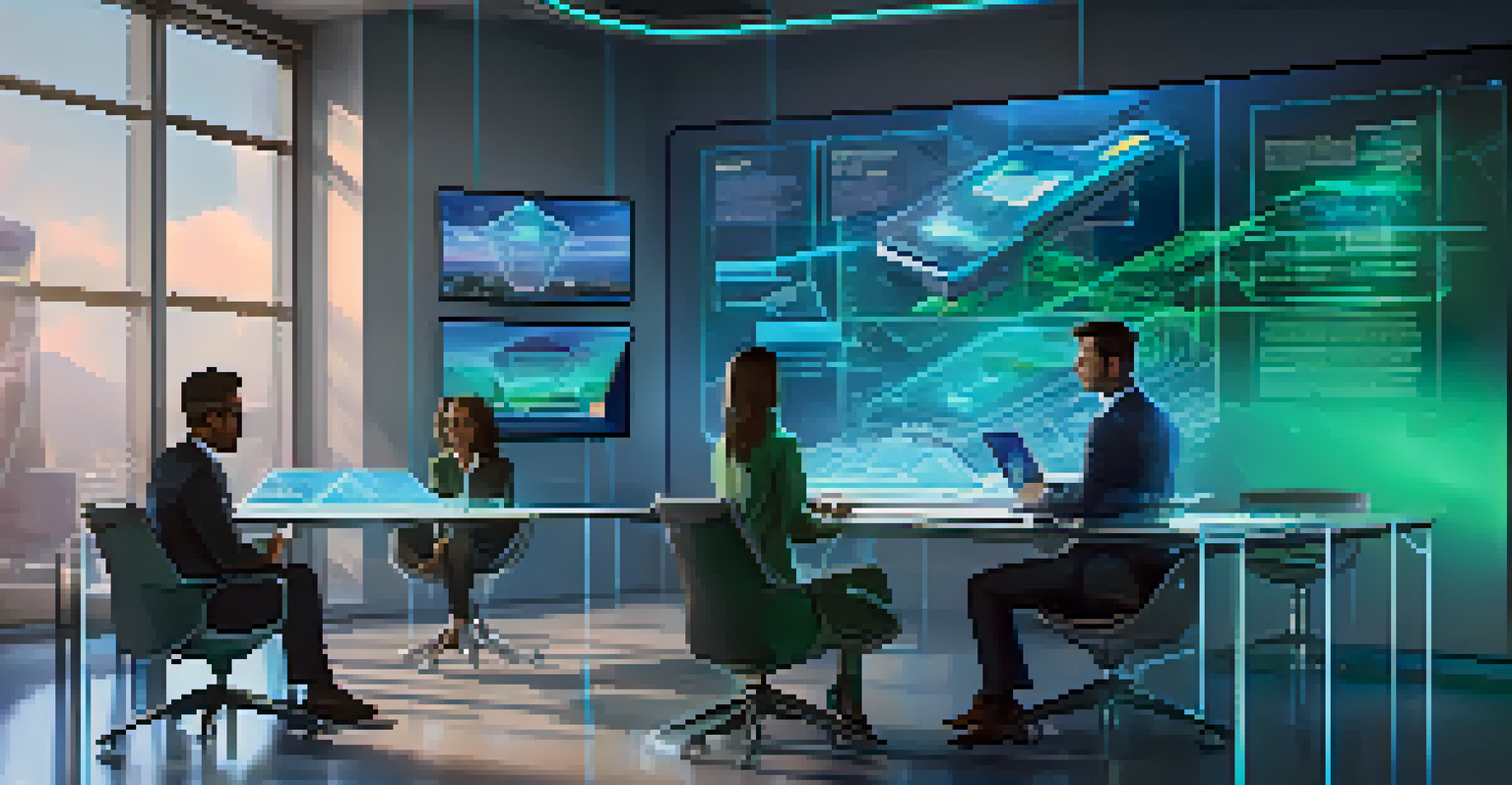 A modern office environment featuring holographic displays and diverse professionals discussing blockchain technology with digital contracts.