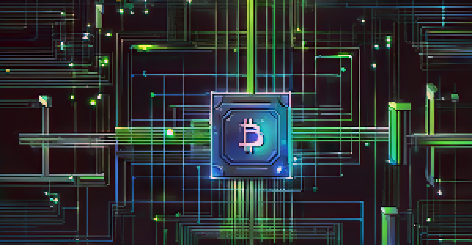 An abstract image showing interconnected blocks of blockchain technology glowing in blue and green against a dark background.