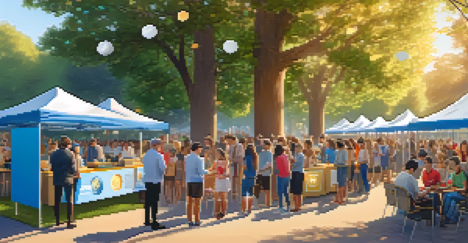 A charity event in a park where people are using mobile devices to make cryptocurrency donations, under soft sunlight with colorful banners.