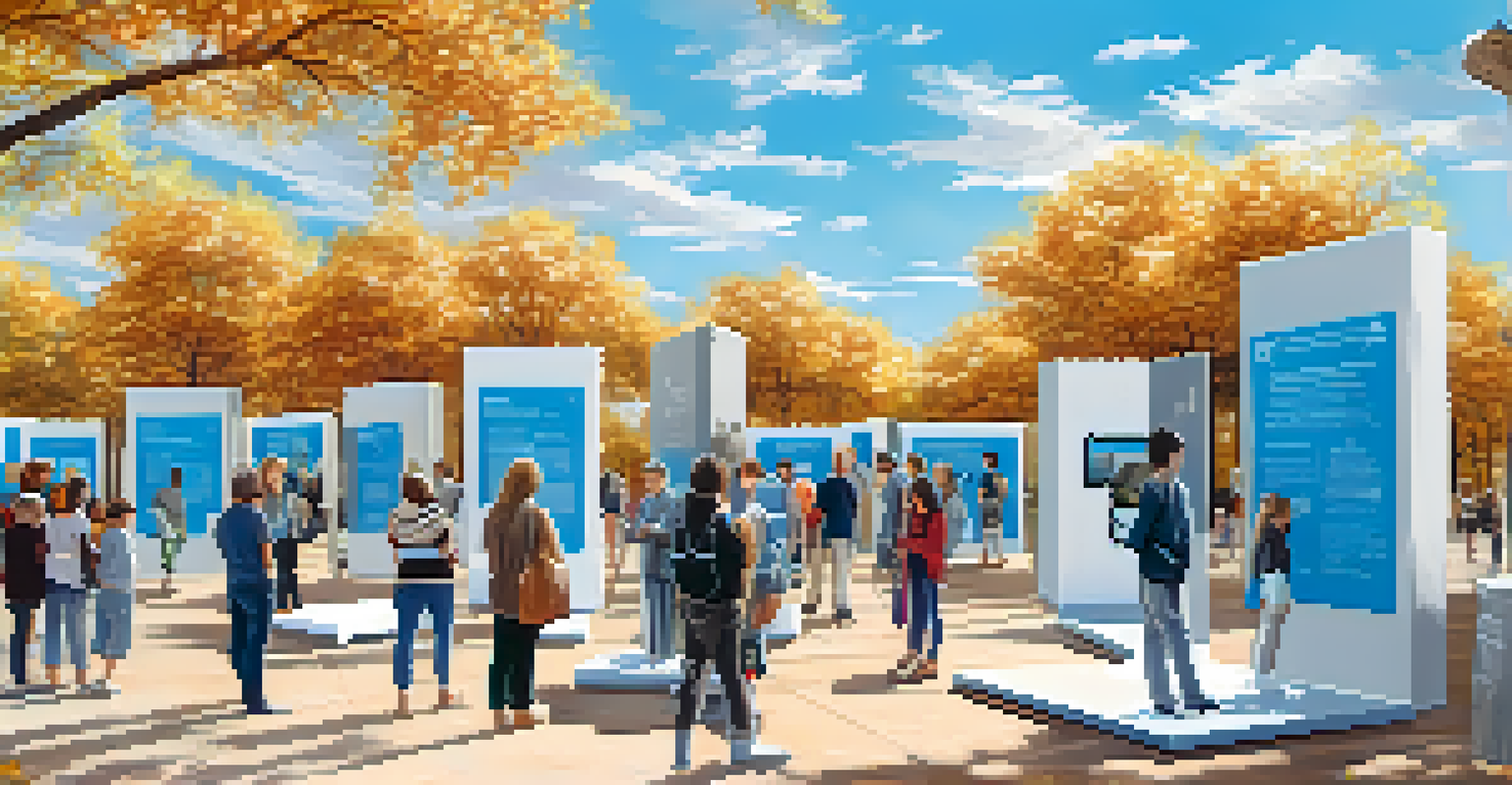 An outdoor art exhibit with sculptures and QR codes, featuring visitors scanning codes under a bright sky.