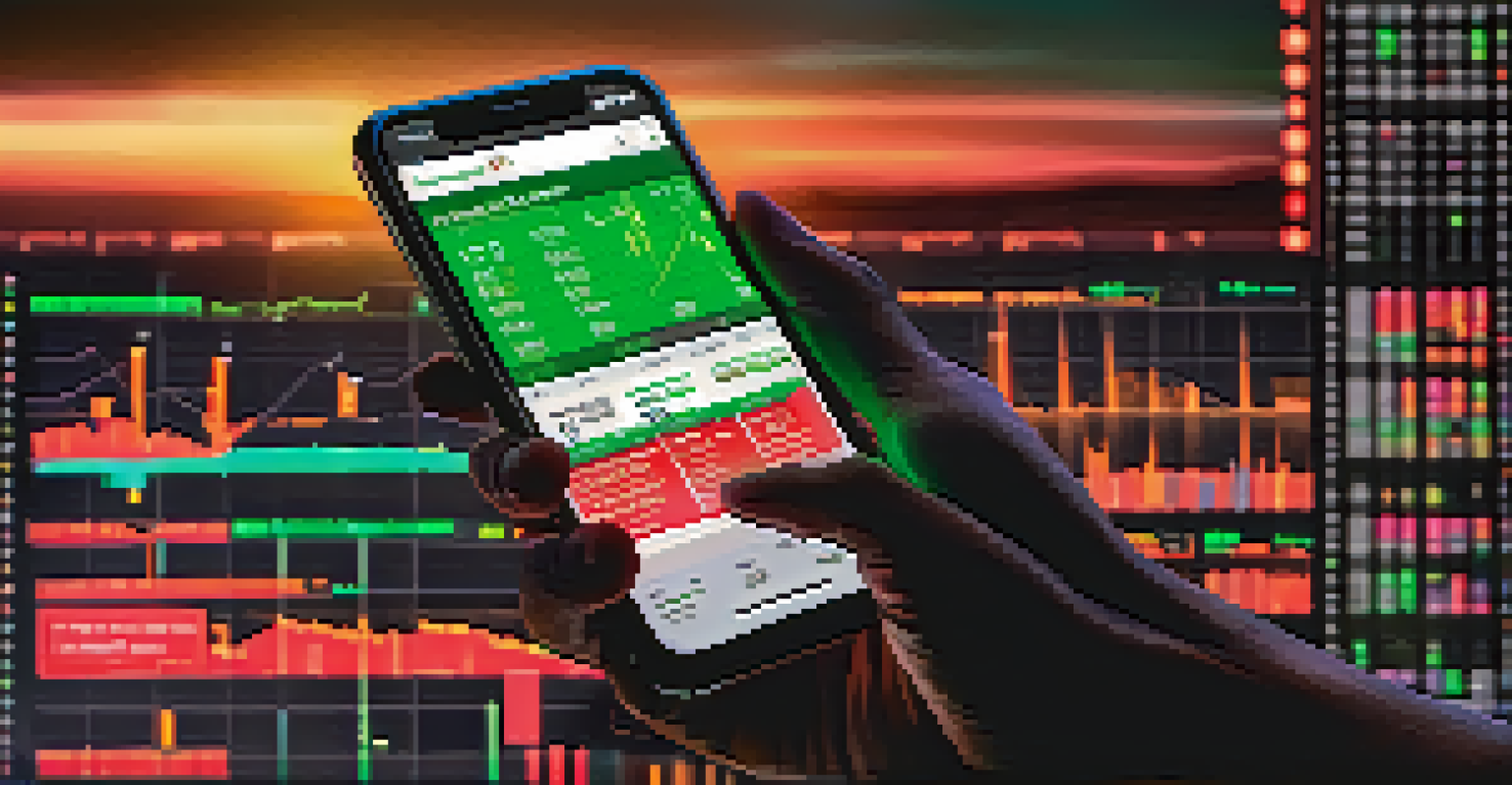 A close-up of a trader's hands holding a smartphone showing cryptocurrency prices against a sunset.