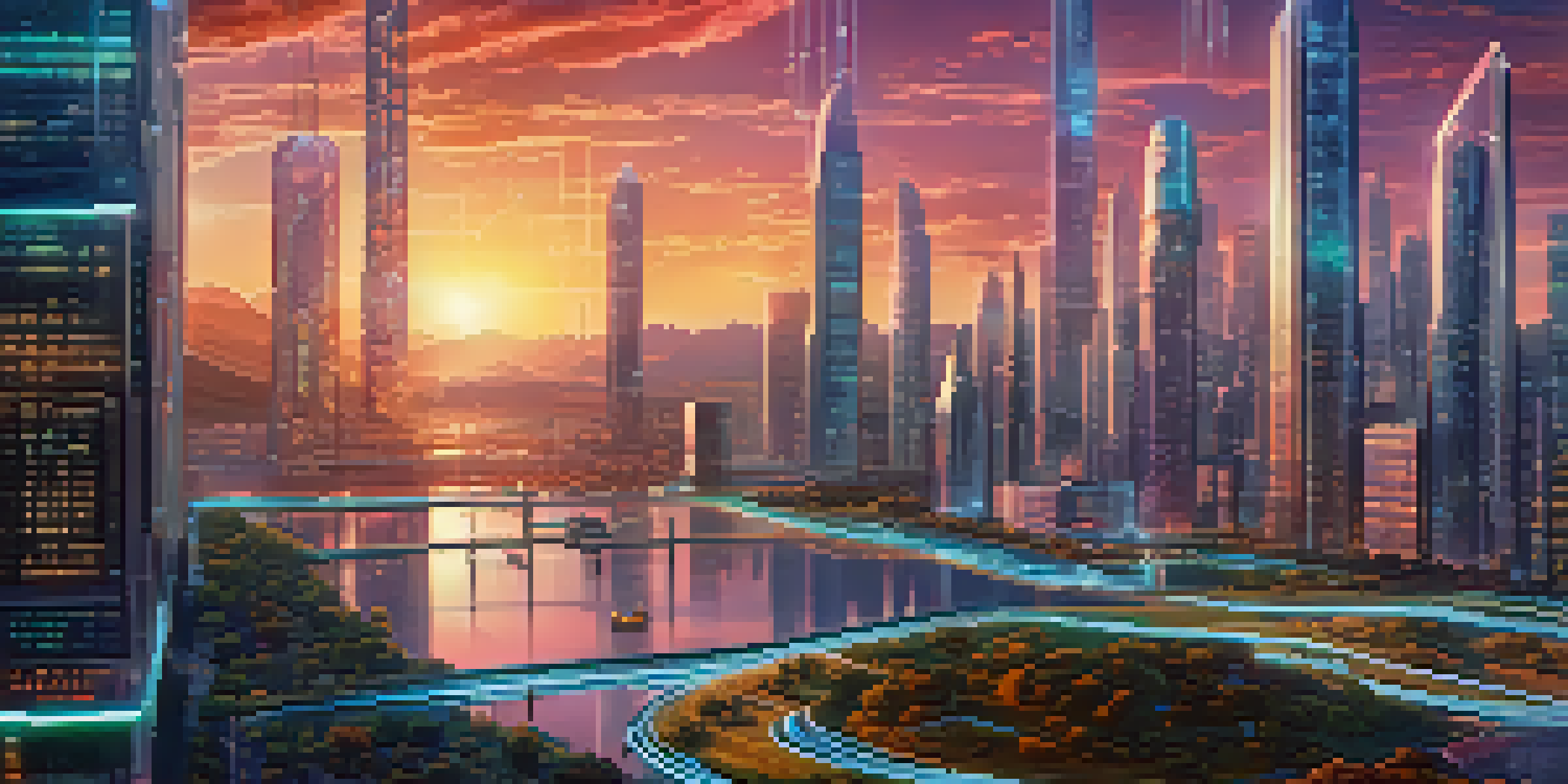 A vibrant futuristic city with glowing blockchain patterns on buildings and digital holograms, set against a colorful sunset.