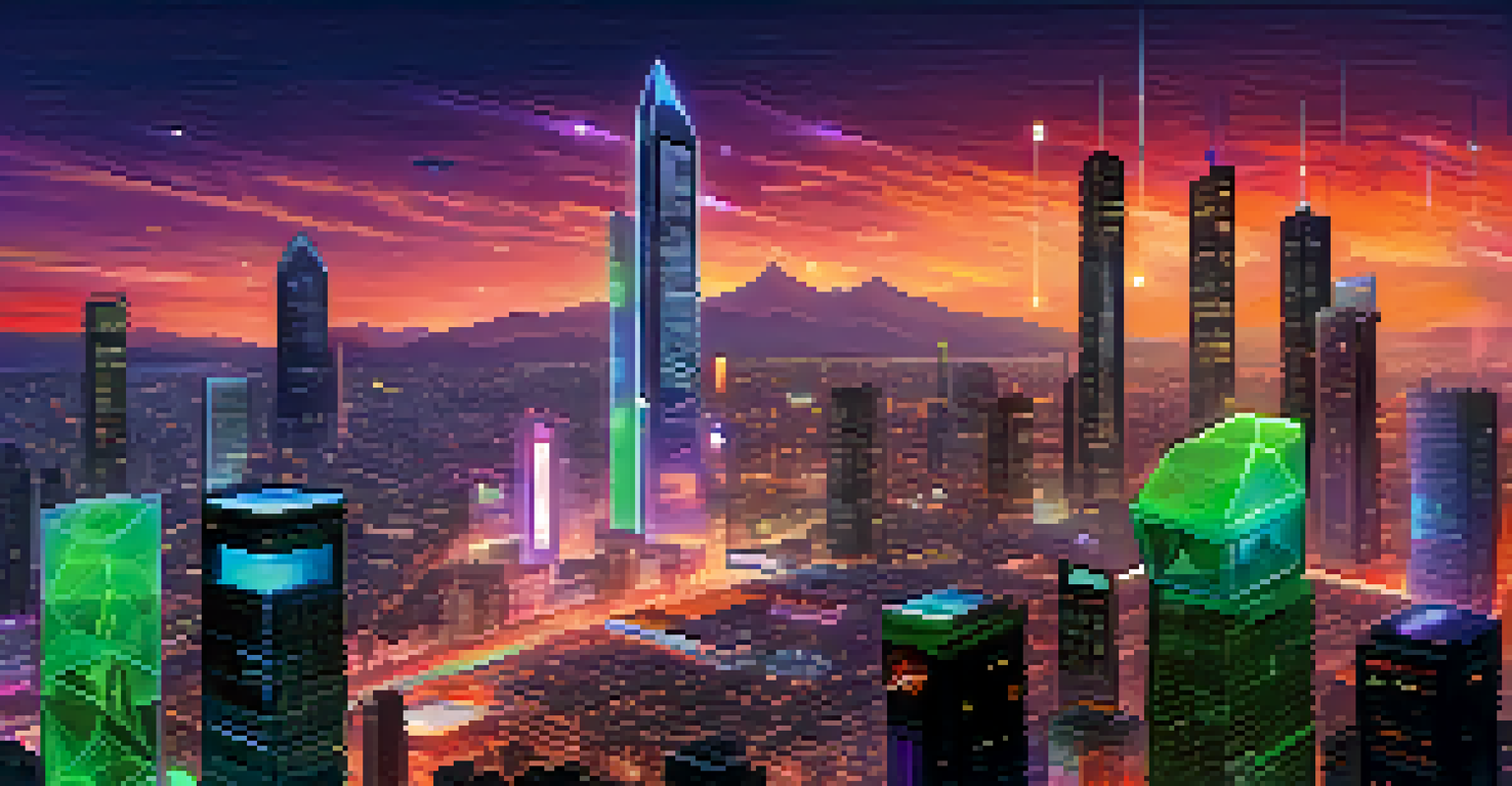 A futuristic city skyline at dusk with colorful lights, featuring digital screens showing cryptocurrency trends.
