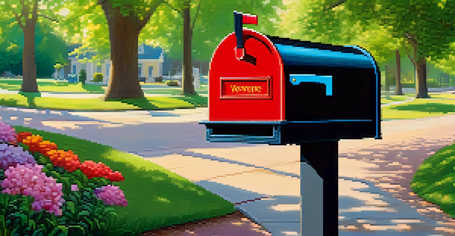 A colorful mailbox with a shiny key, symbolizing public and private keys in digital transactions, set in a peaceful park.