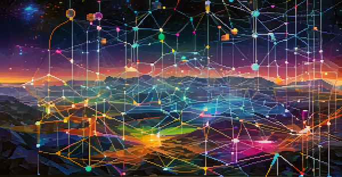 A colorful digital representation of a blockchain network with glowing nodes and data streams in a futuristic setting.