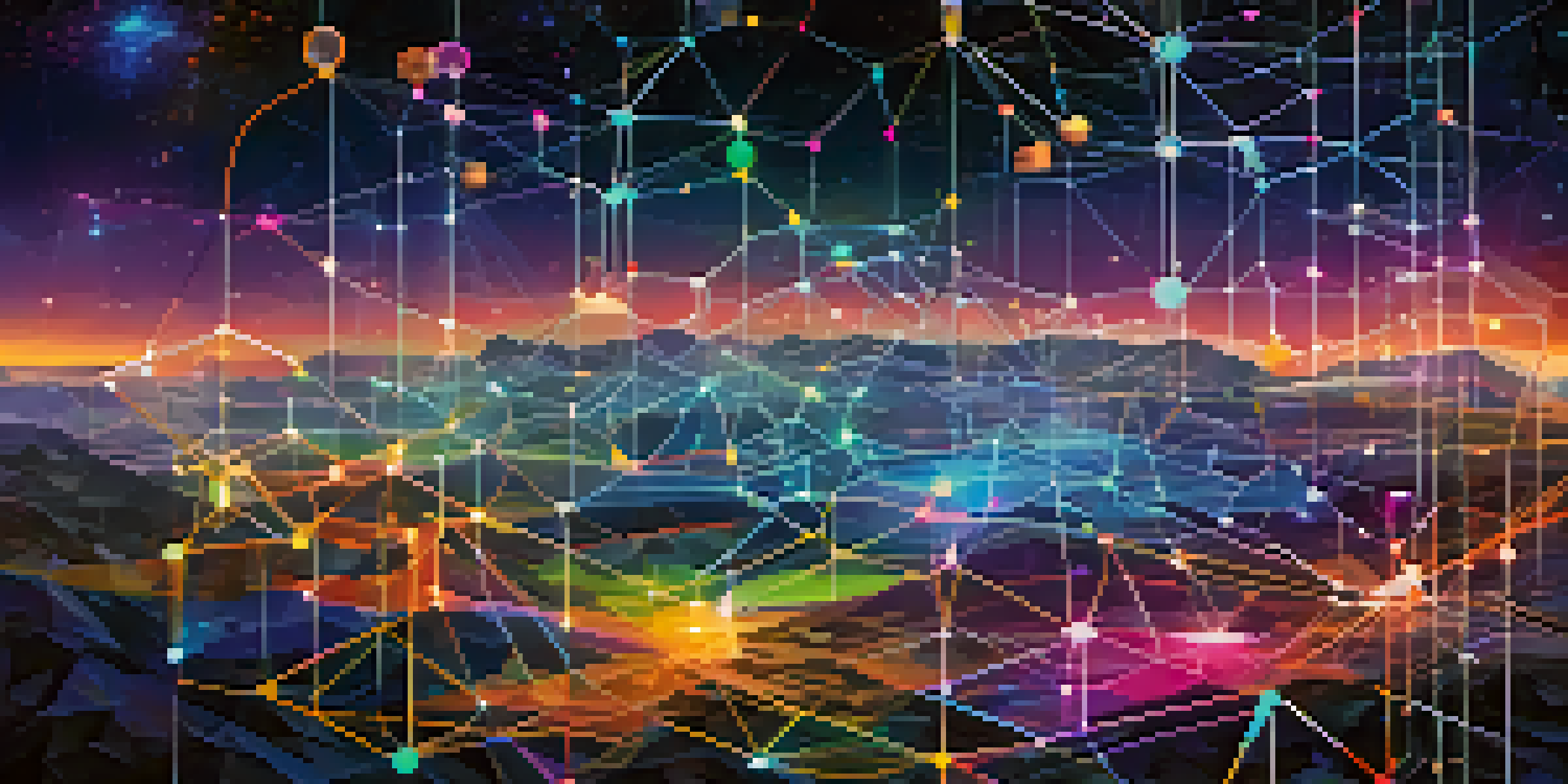 A colorful digital representation of a blockchain network with glowing nodes and data streams in a futuristic setting.