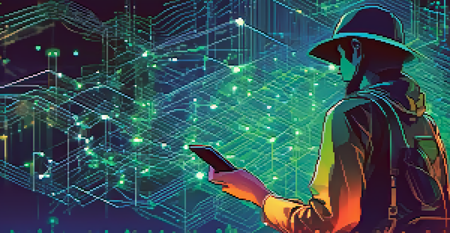 An abstract representation of blockchain technology with interconnected nodes and a silhouette of a person holding a smartphone, set against a blue and green gradient background.