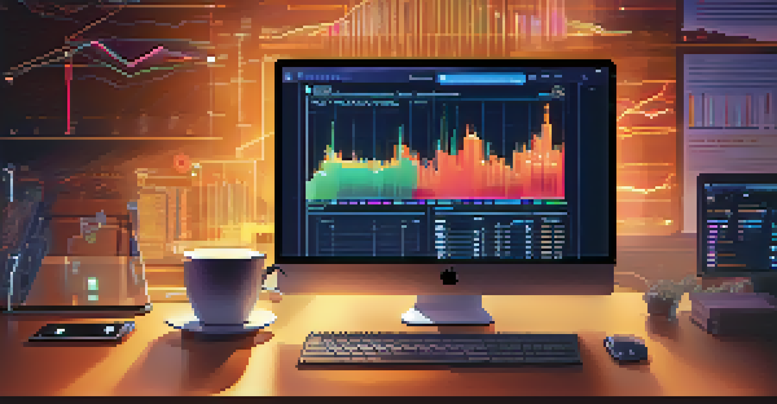 A computer screen showing a cryptocurrency exchange platform with charts, set in a cozy workspace with a cup of coffee.