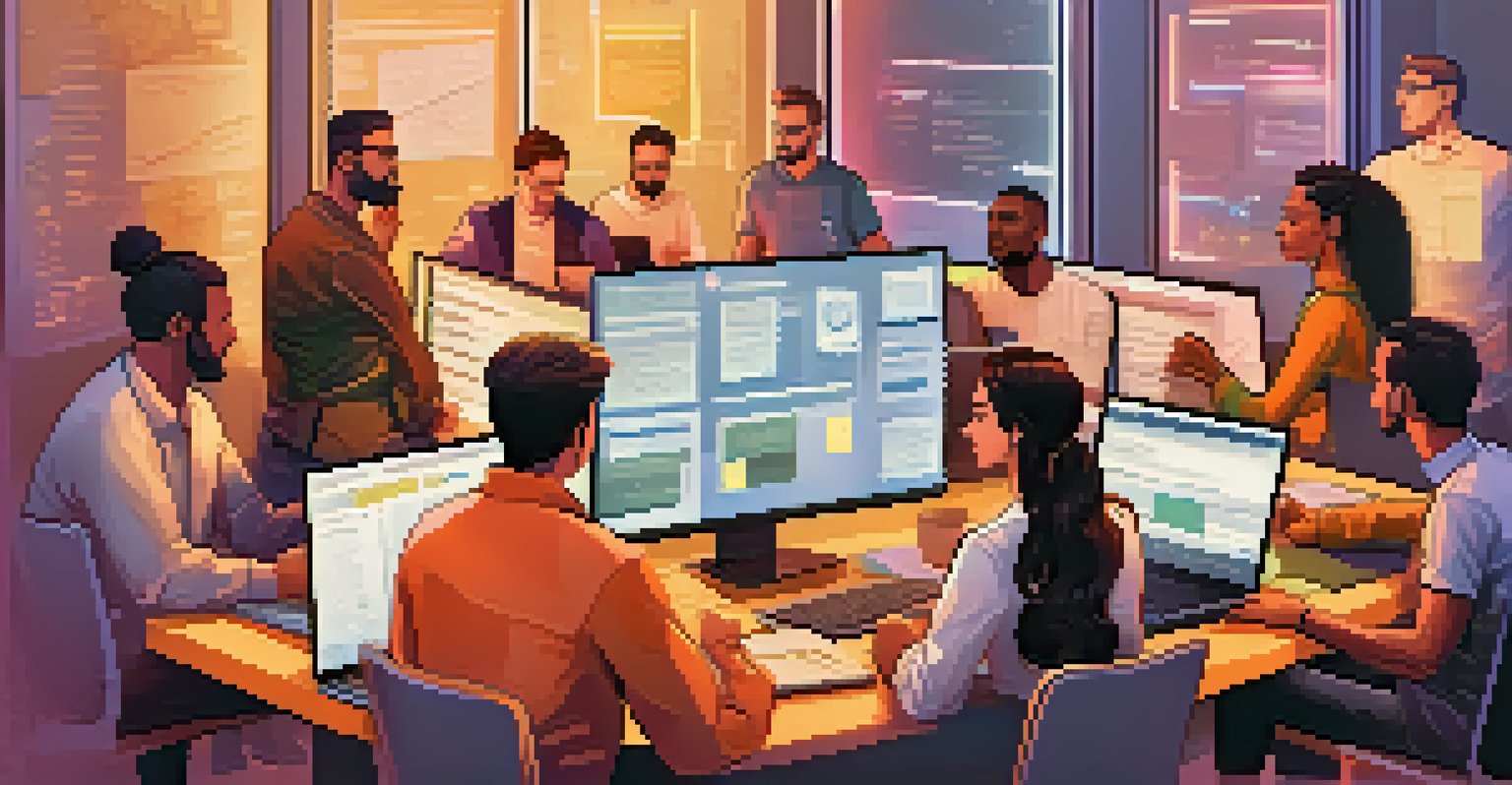 A diverse team of developers analyzing code on a large screen in a collaborative environment.