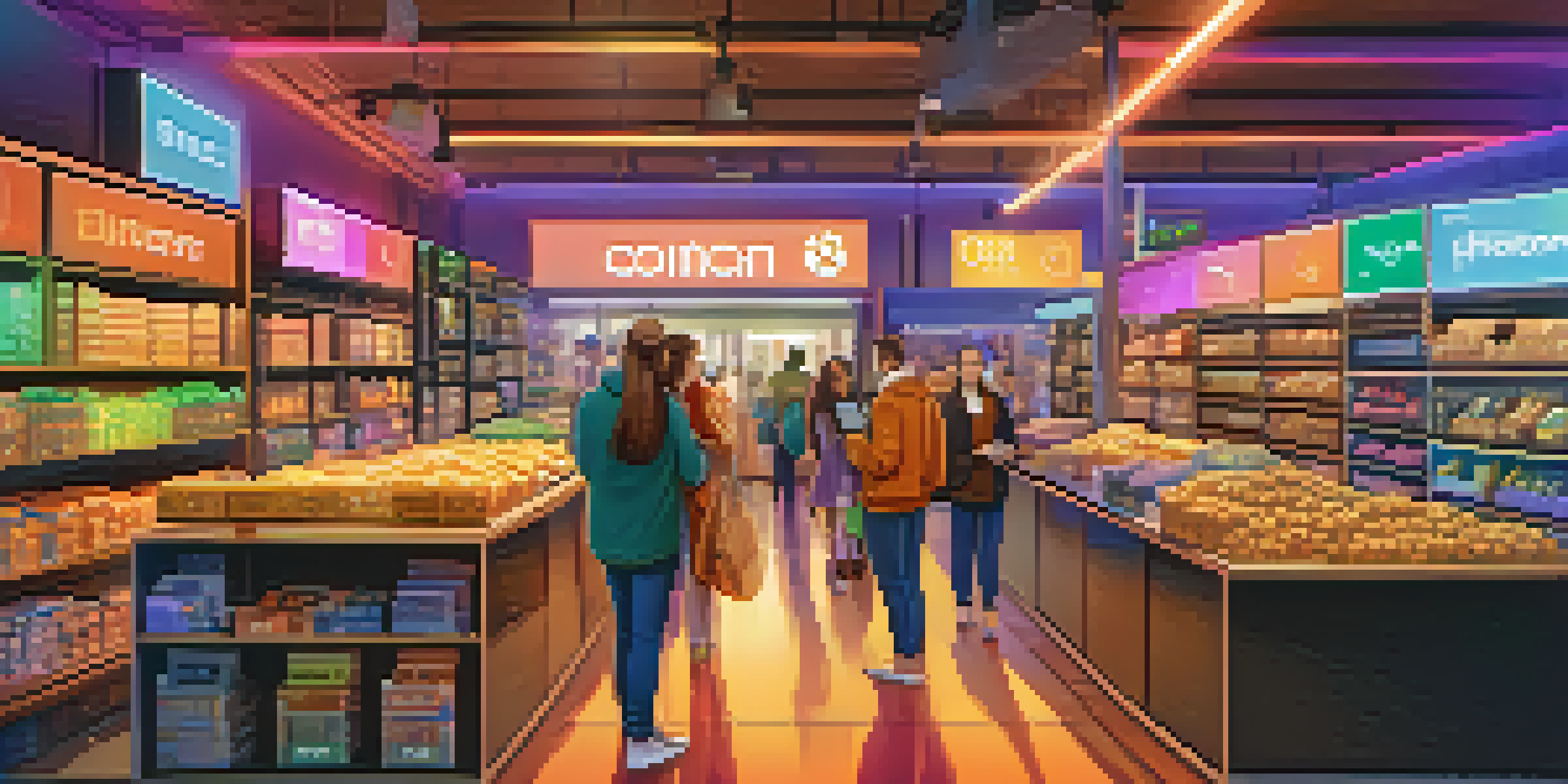 A lively digital marketplace with shoppers using laptops and smartphones, featuring cryptocurrency banners in a warm, inviting setting.