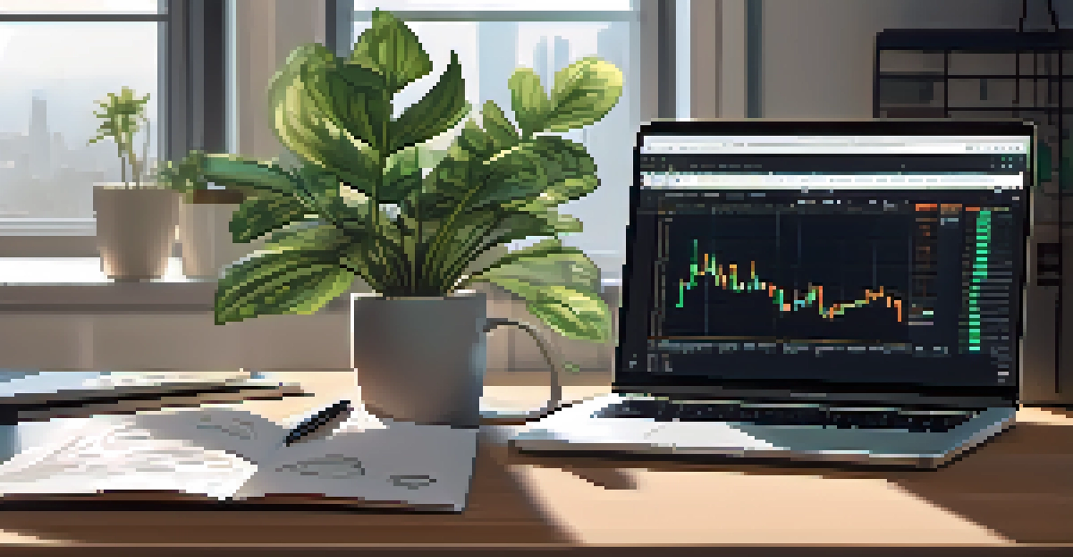 A workspace with a laptop displaying a cryptocurrency trading platform, a notepad, and a coffee cup.