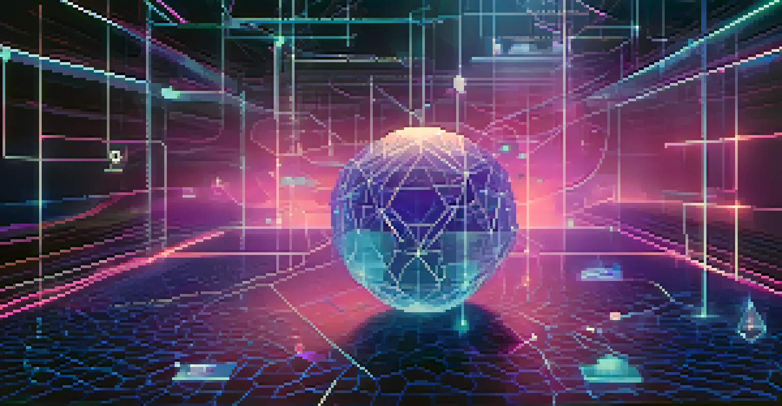 An abstract depiction of a smart contract system using blockchain technology, featuring a digital contract and interconnected nodes.