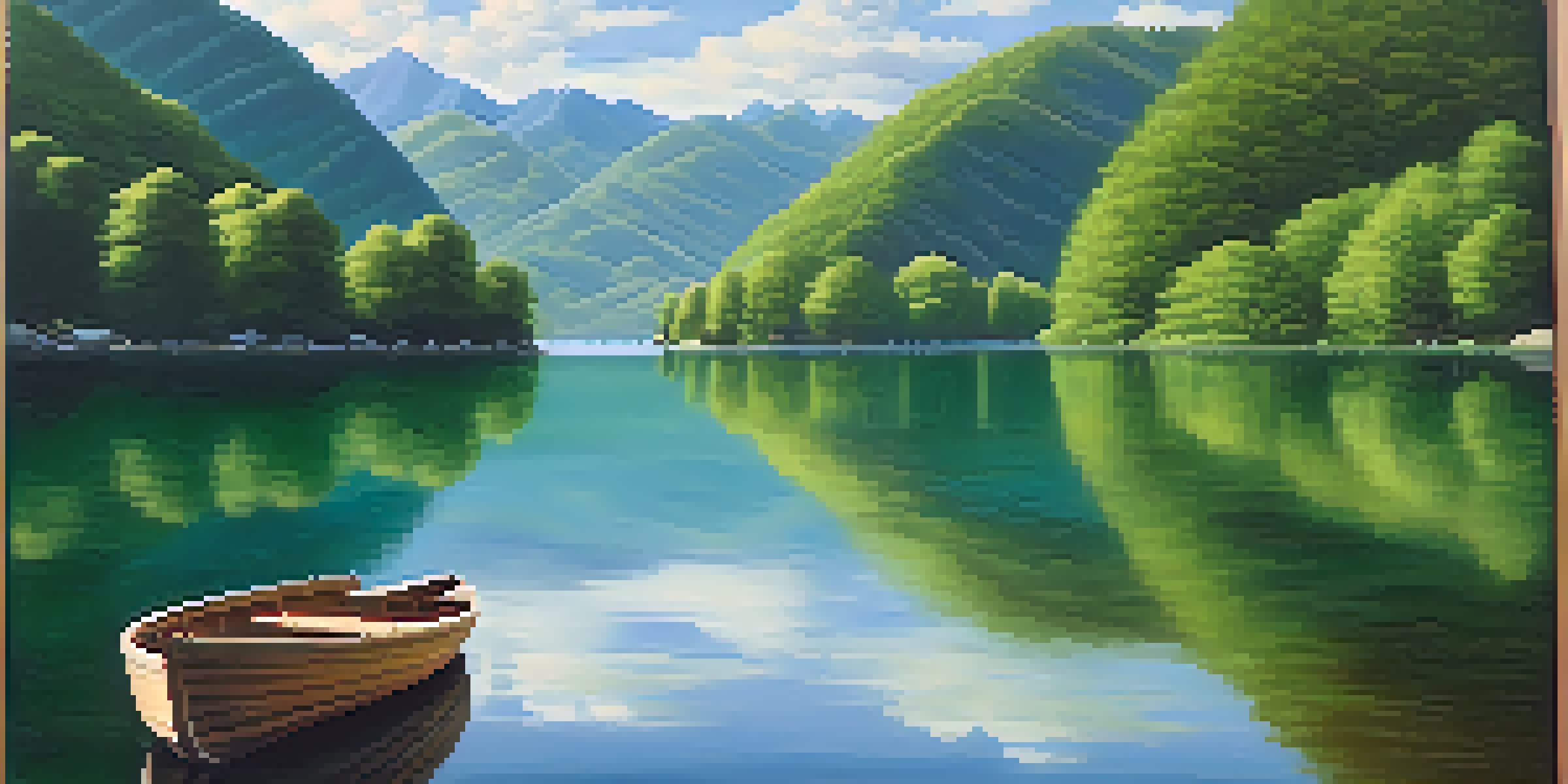 A peaceful lake surrounded by green mountains and a clear sky, with a wooden boat floating on the water.