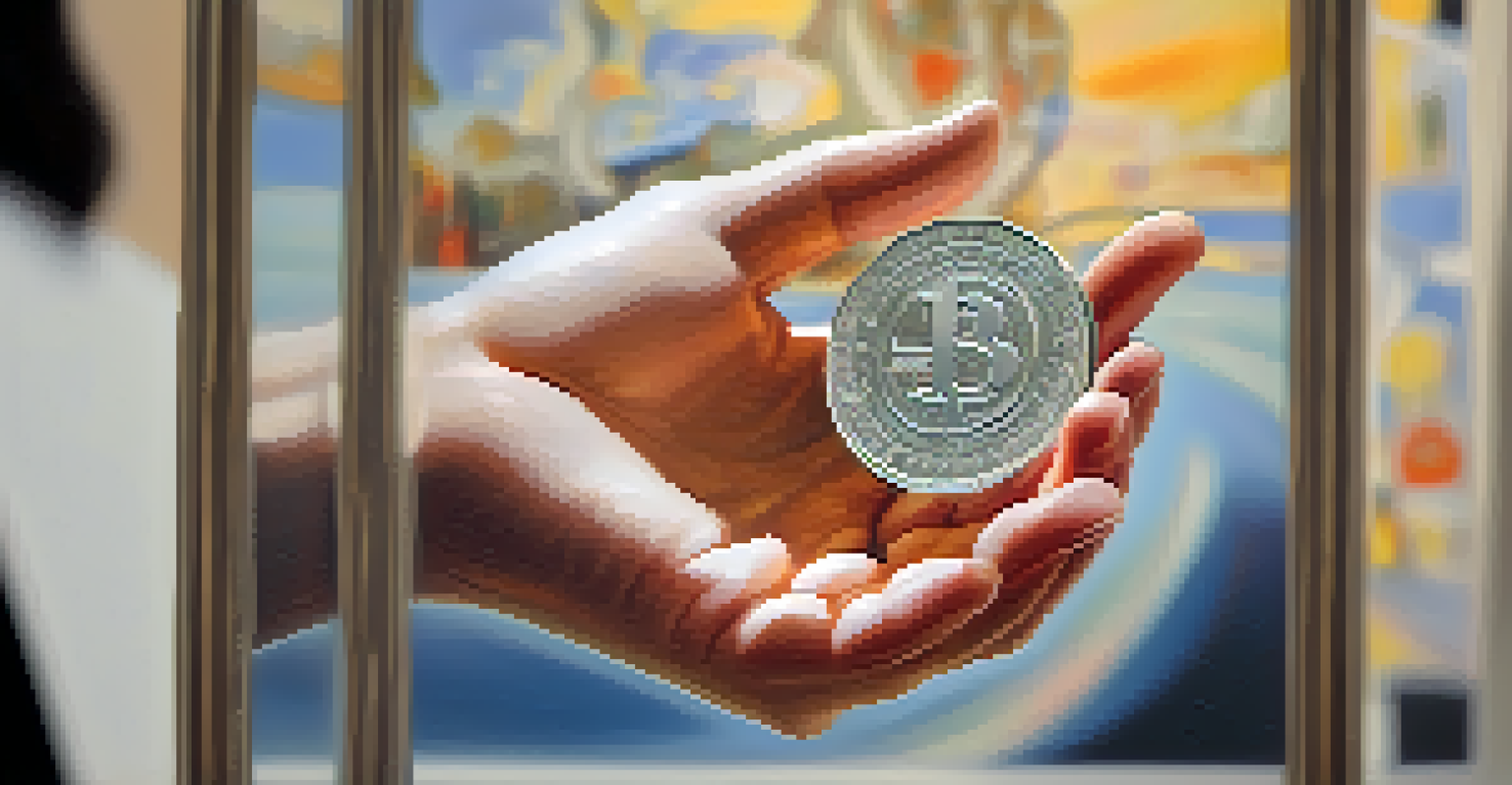 Close-up of hands holding a transparent token symbolizing fractional ownership of art, with an art gallery blurred in the background.