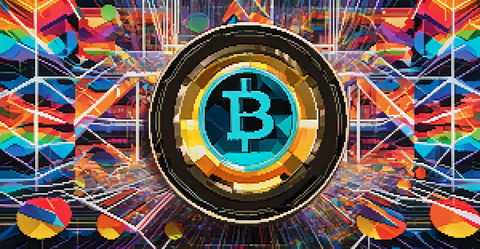 A shiny cryptocurrency coin surrounded by vibrant graphs and market trends in a digital landscape.