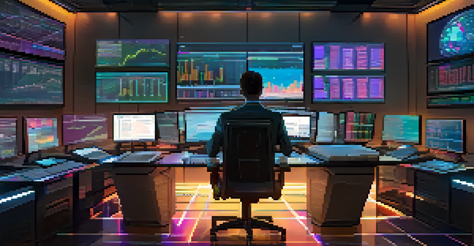 A modern trading desk with screens showing cryptocurrency charts and an investor analyzing data.